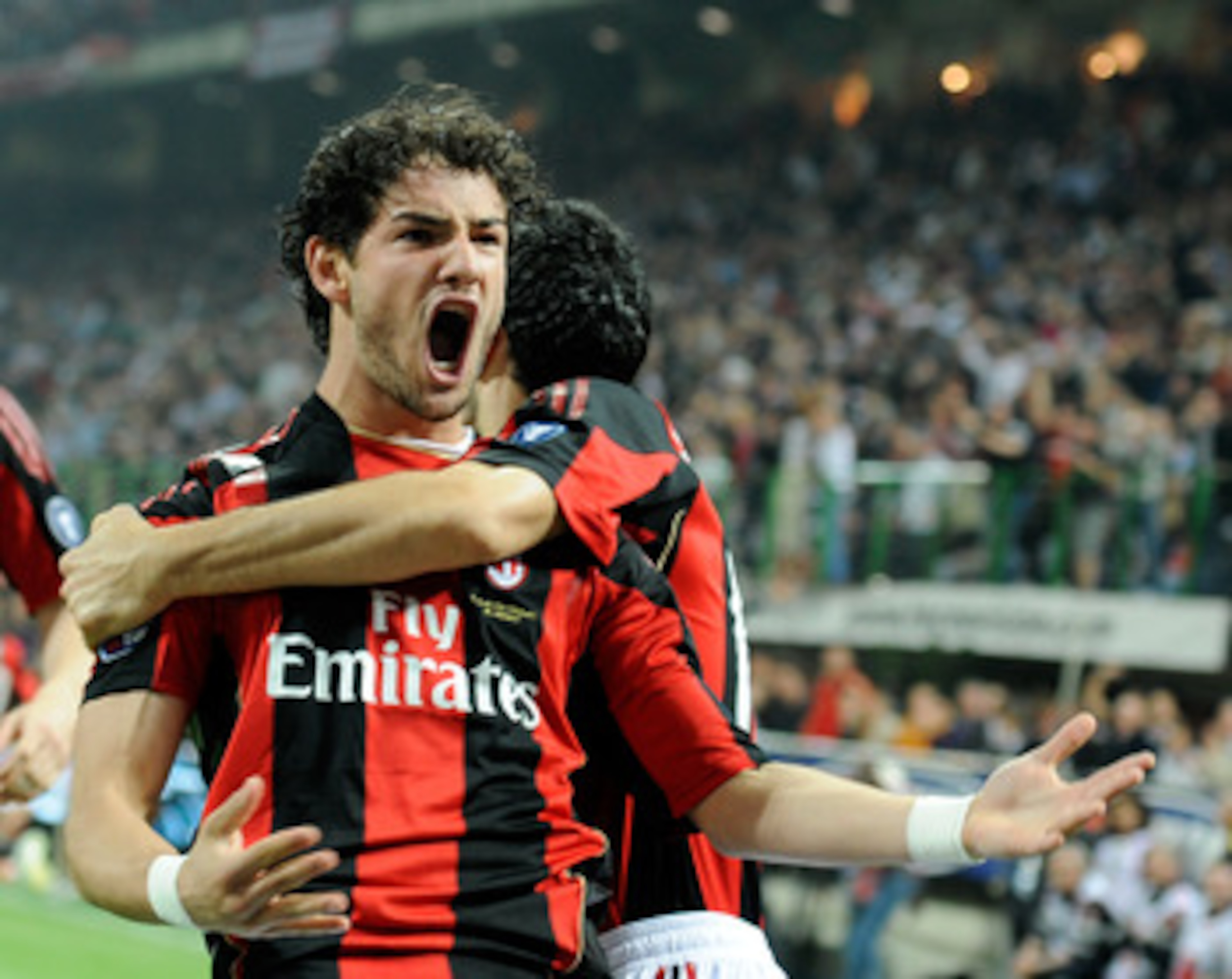 MILAN, ITALY - APRIL 02:  Alexandre Pato of AC Milan celebrates scoring the first goal during the Serie A match between AC Milan and FC Internazionale Milano at Stadio Giuseppe Meazza on April 2, 2011 in Milan, Italy.  (Photo by Claudio Villa/Getty Images