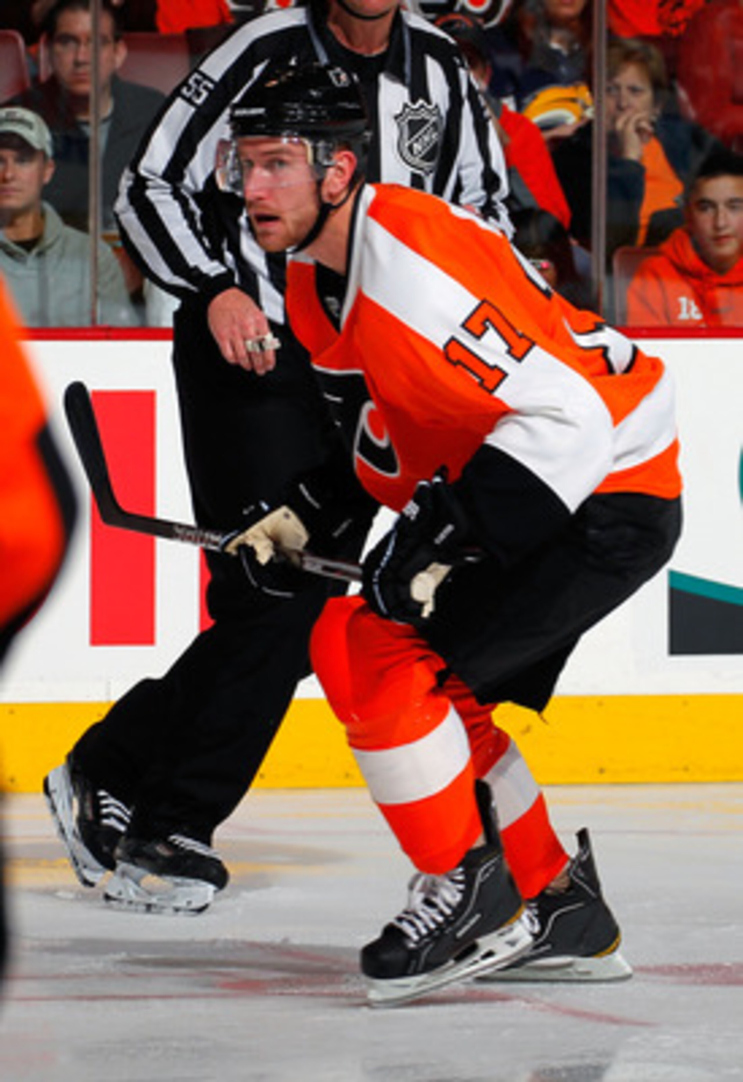 PHILADELPHIA, PA - APRIL 16:  Jeff Carter #17 of the Philadelphia Flyers skates in Game Two of the Eastern Conference Quarterfinals against the Buffalo Sabres during the 2011 NHL Stanley Cup Playoffs at Wells Fargo Center on April 16, 2011 in Philadelphia