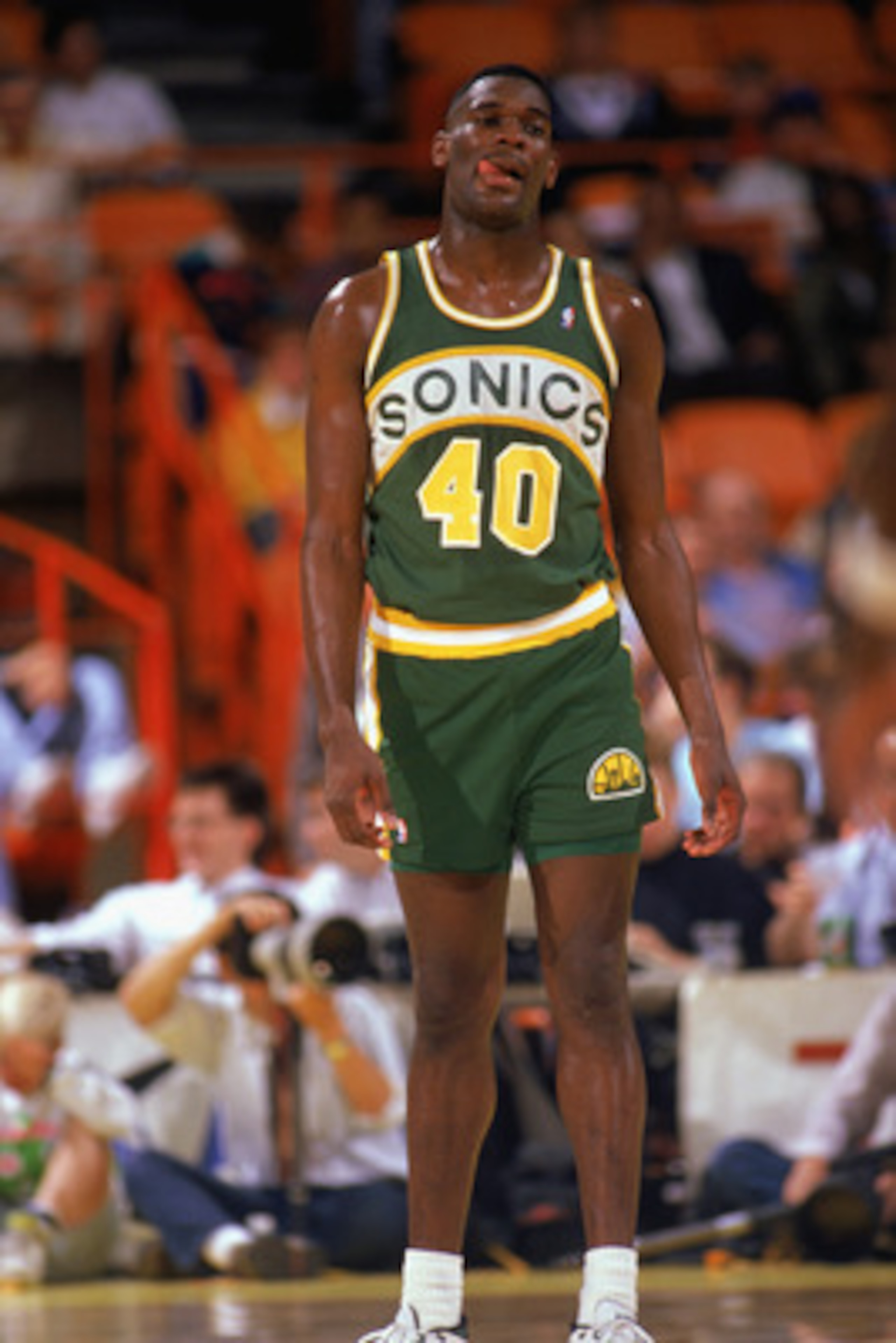 LOS ANGELES - 1990: Shawn Kemp #40 of the Seattle Supersonics stands on the court in a game against the Los Angeles Lakers during the 1989-1990 NBA season at the Great Western Forum in Los Angeles, California. (Photo by Ken Levine/Getty Images) LOS ANGELES - 1990: Shawn Kemp #40 of the Seattle Supersonics stands on the court in a game against the Los Angeles Lakers during the 1989-1990 NBA season at the Great Western Forum in Los Angeles, California. (Photo by Ken Levine/Getty Images)