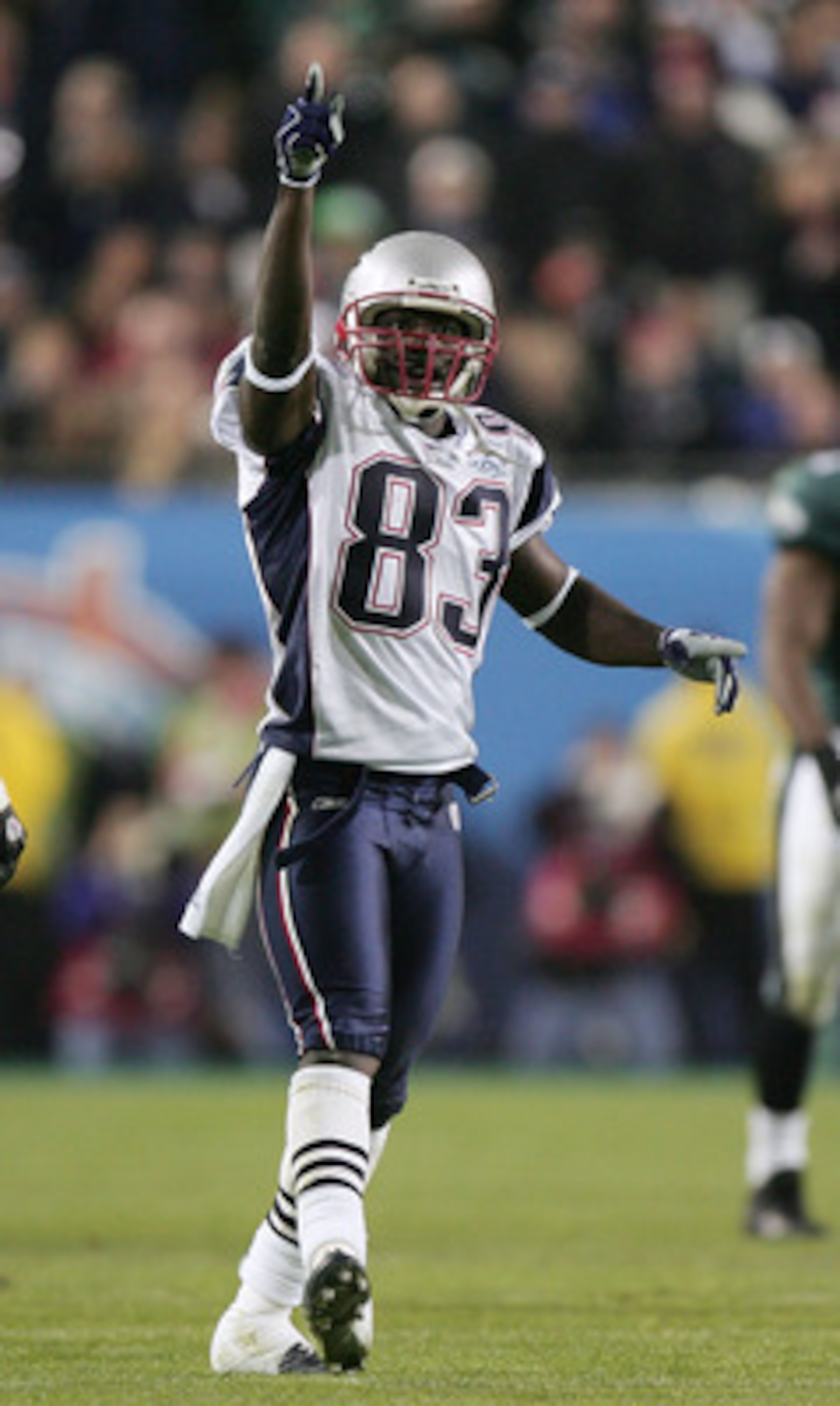 JACKSONVILLE, FLORIDA - FEBRUARY 06:  Wide receiver Deion Branch #83 of the New England Patriots celebrates after catching a 17-yard pass against the Philadelphia Eagles during the third quarter of the Super Bowl XXXIX at Alltel Stadium on February 6, 200