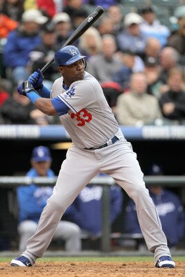 DENVER, CO - APRIL 06:  Marcus Thames #33 of the Los Angeles Dodgers takes an at bat against the Colorado Rockies at Coors Field on April 6, 2011 in Denver, Colorado.  (Photo by Doug Pensinger/Getty Images)
