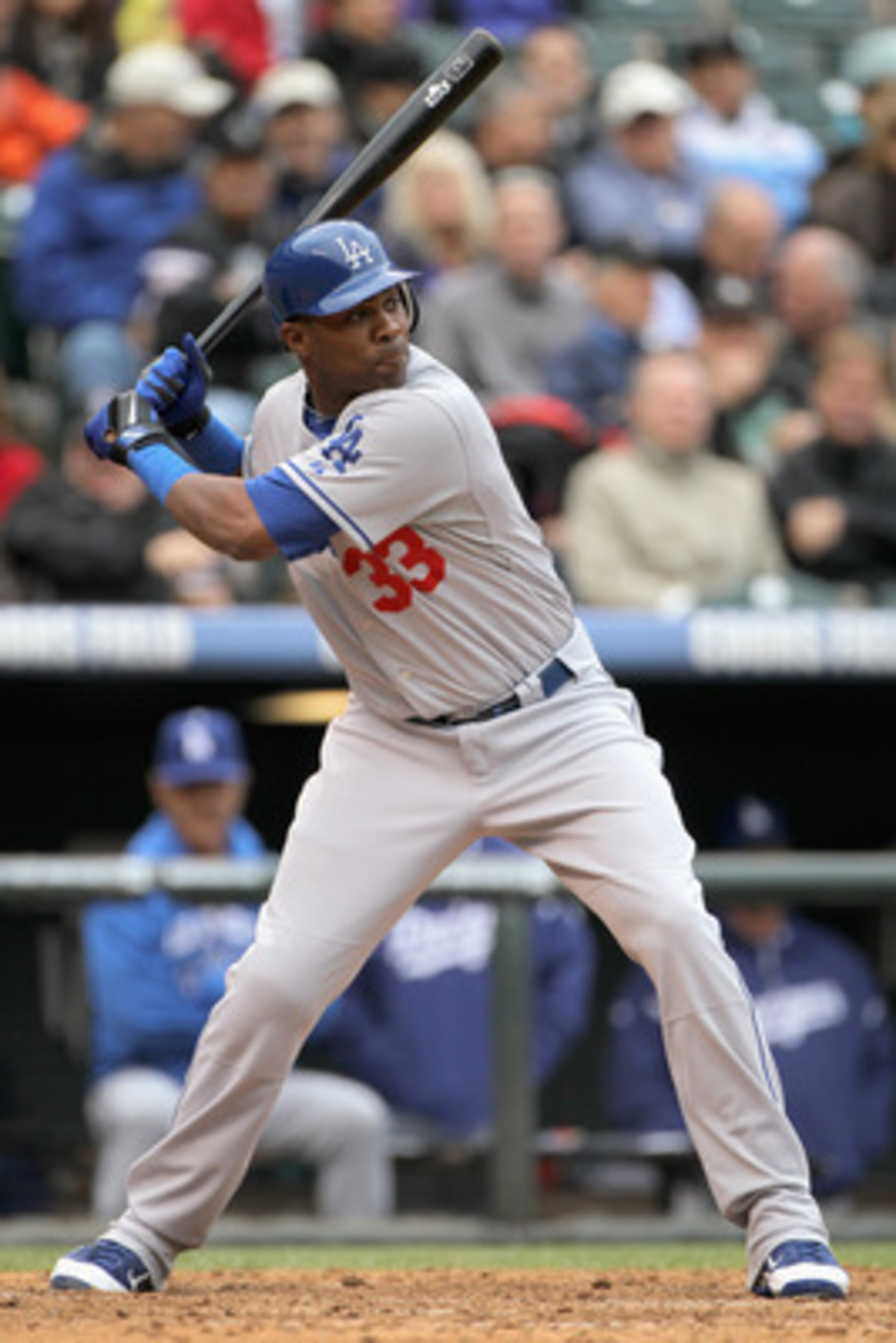 DENVER, CO - APRIL 06: Marcus Thames #33 of the Los Angeles Dodgers takes an at bat against the Colorado Rockies at Coors Field on April 6, 2011 in Denver, Colorado. (Photo by Doug Pensinger/Getty Images) DENVER, CO - APRIL 06: Marcus Thames #33 of the Los Angeles Dodgers takes an at bat against the Colorado Rockies at Coors Field on April 6, 2011 in Denver, Colorado. (Photo by Doug Pensinger/Getty Images)