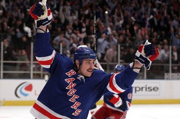 NEW YORK, NY - APRIL 20:  Brandon Dubinsky #17 of the New York Rangers celebrates after he scored a goal in the second period against the Washington Capitals in Game Four of the Eastern Conference Quarterfinals during the 2011 NHL Stanley Cup Playoffs at