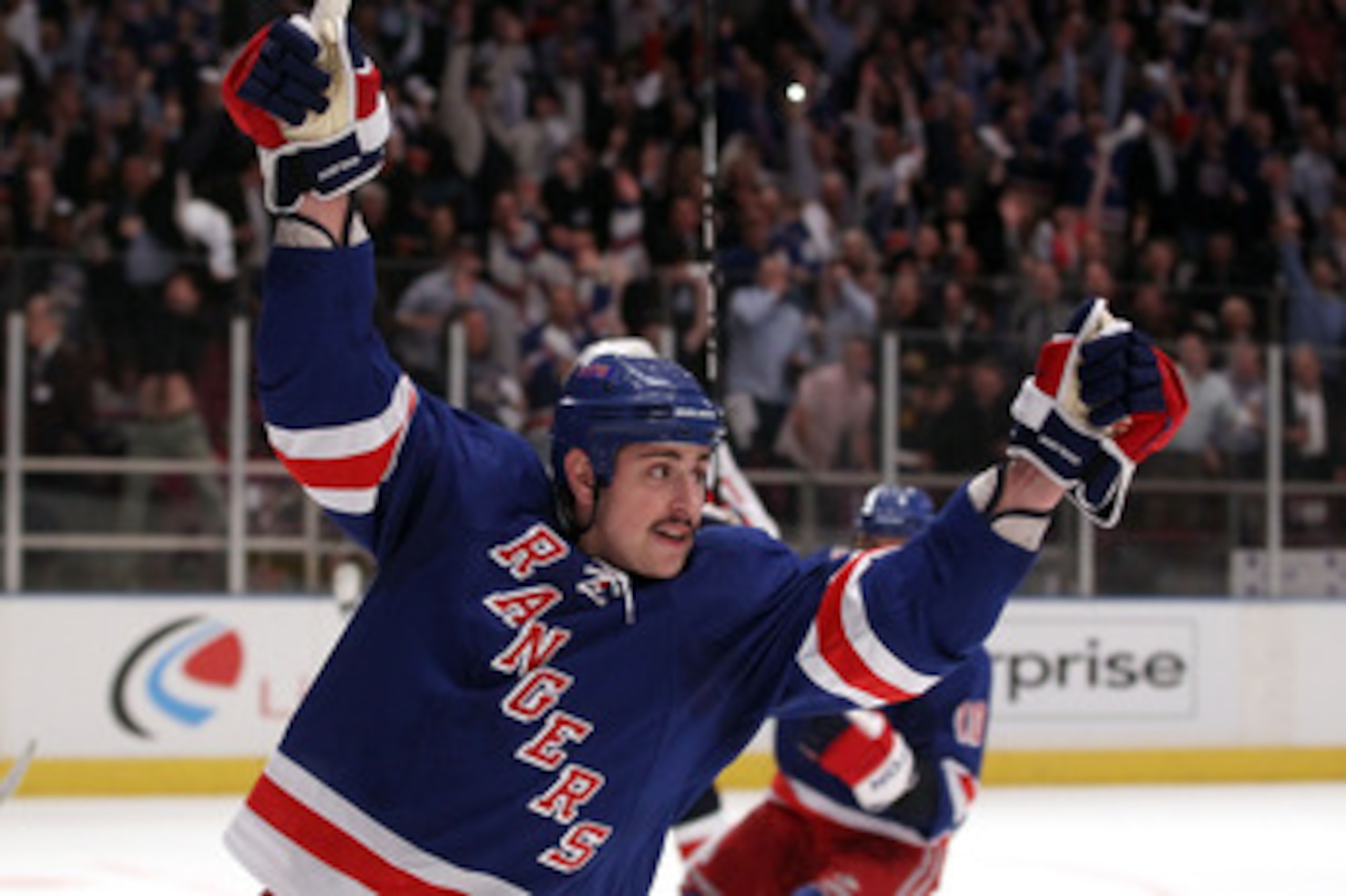NEW YORK, NY - APRIL 20:  Brandon Dubinsky #17 of the New York Rangers celebrates after he scored a goal in the second period against the Washington Capitals in Game Four of the Eastern Conference Quarterfinals during the 2011 NHL Stanley Cup Playoffs at