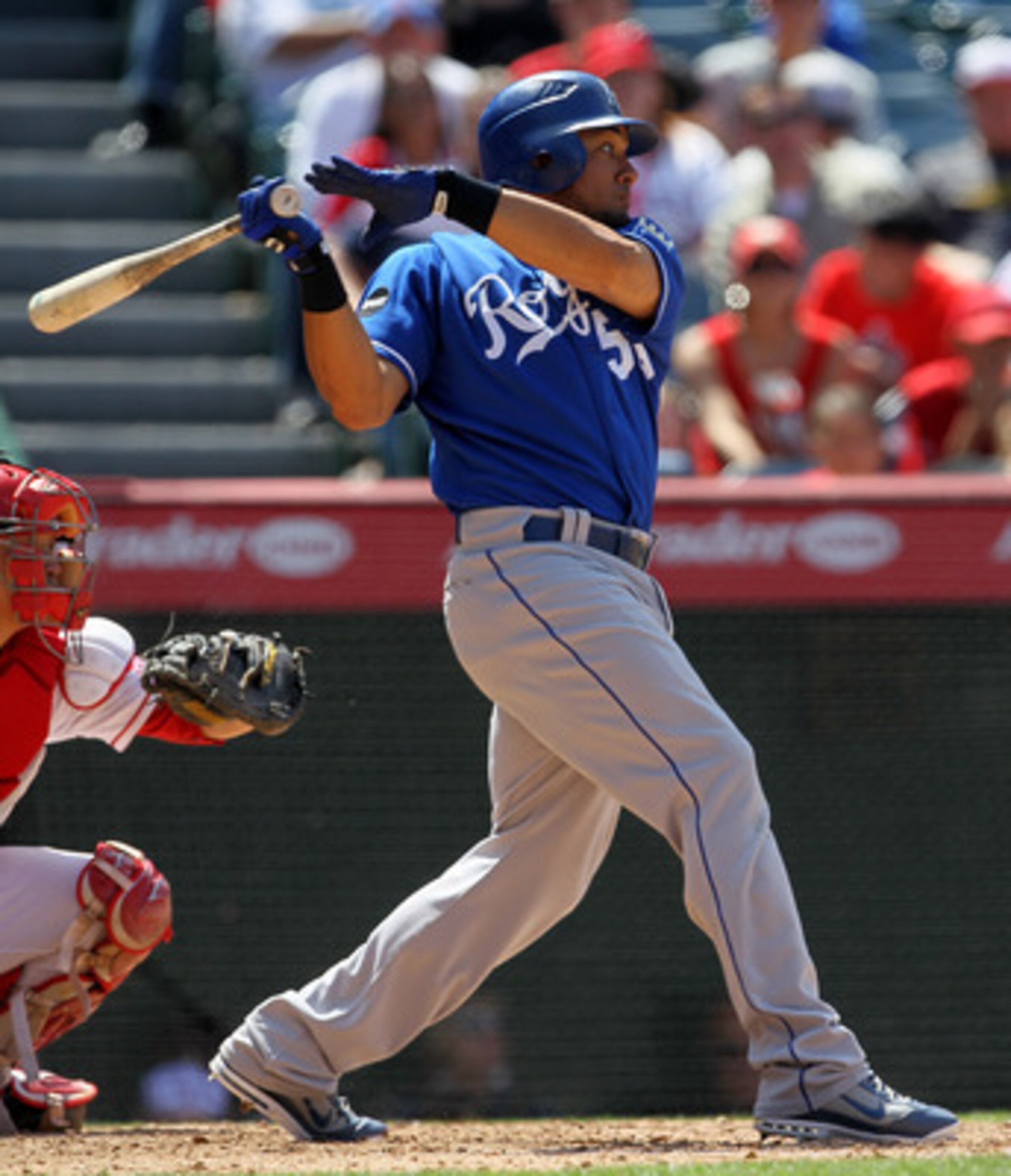 ANAHEIM, CA - JUNE 12: Melky Cabrera #53 of the Kansas City Royals hits an RBI single in the eighth inning against the Los Angeles Angels of Anaheim on June 12, 2011 at Angel Stadium in Anaheim, California. The Royals won 9-0. (Photo by Stephen Dunn/Ge ANAHEIM, CA - JUNE 12: Melky Cabrera #53 of the Kansas City Royals hits an RBI single in the eighth inning against the Los Angeles Angels of Anaheim on June 12, 2011 at Angel Stadium in Anaheim, California. The Royals won 9-0. (Photo by Stephen Dunn/Ge