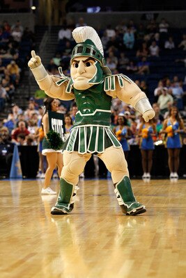 TAMPA, FL - MARCH 17:  Sparty, the msacot for the Michigan State Spartans, performs against the UCLA Bruins during the second round of the 2011 NCAA men's basketball tournament at St. Pete Times Forum on March 17, 2011 in Tampa, Florida.  (Photo by J. Mer