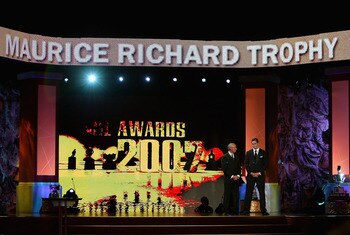 TORONTO, ON - JUNE 14:  (L-R) Ron MacLean speaks with Vincent Lecavalier of the Tampa Bay Lightning after winning the Maurice Richard Trophy for Top Goal Scorer in the NHL onstage during the 2007 NHL Awards Show at the Elgin Theatre on June 14, 2007 in To