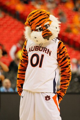 ATLANTA, GA - MARCH 10:  Auburn University mascot Aubie the Tiger looks on during their game against the Georgia Bulldogs in the first round of the SEC Men's Basketball Tournament at the Georgia Dome on March 10, 2011 in Atlanta, Georgia.  (Photo by Kevin