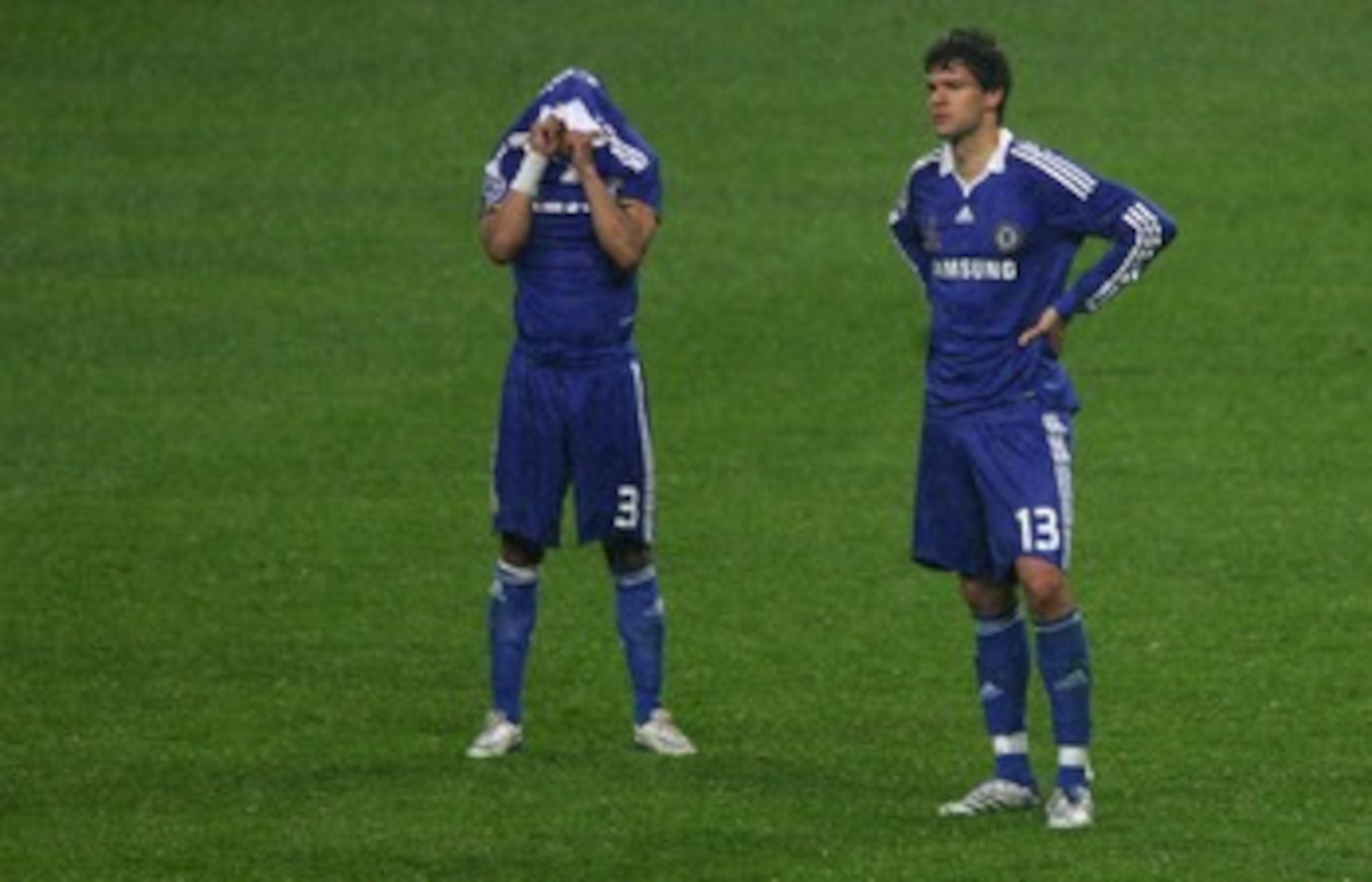 MOSCOW - MAY 21:  Dejected Chelsea teammates, Ashley Cole (L) and Michael Ballack look on following their team's 6-5 defeat in the penalty shootout during the UEFA Champions League Final match between Manchester United and Chelsea at the Luzhniki Stadium
