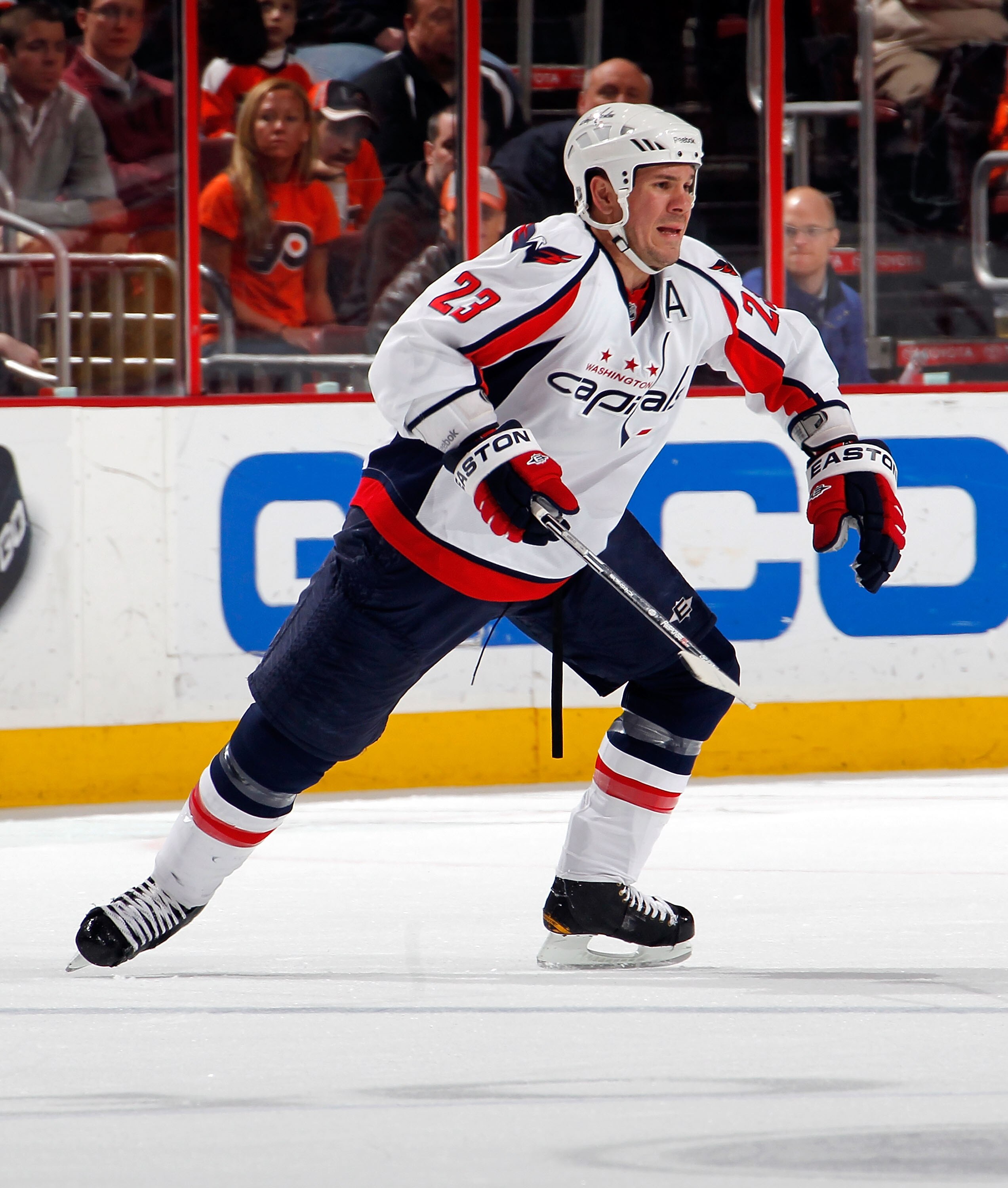 PHILADELPHIA, PA - MARCH 22:  Scott Hannan #23 of the Washington Capitals skates during an NHL hockey game against the Philadelphia Flyers at the Wells Fargo Center on March 22, 2011 in Philadelphia, Pennsylvania.  (Photo by Paul Bereswill/Getty Images)