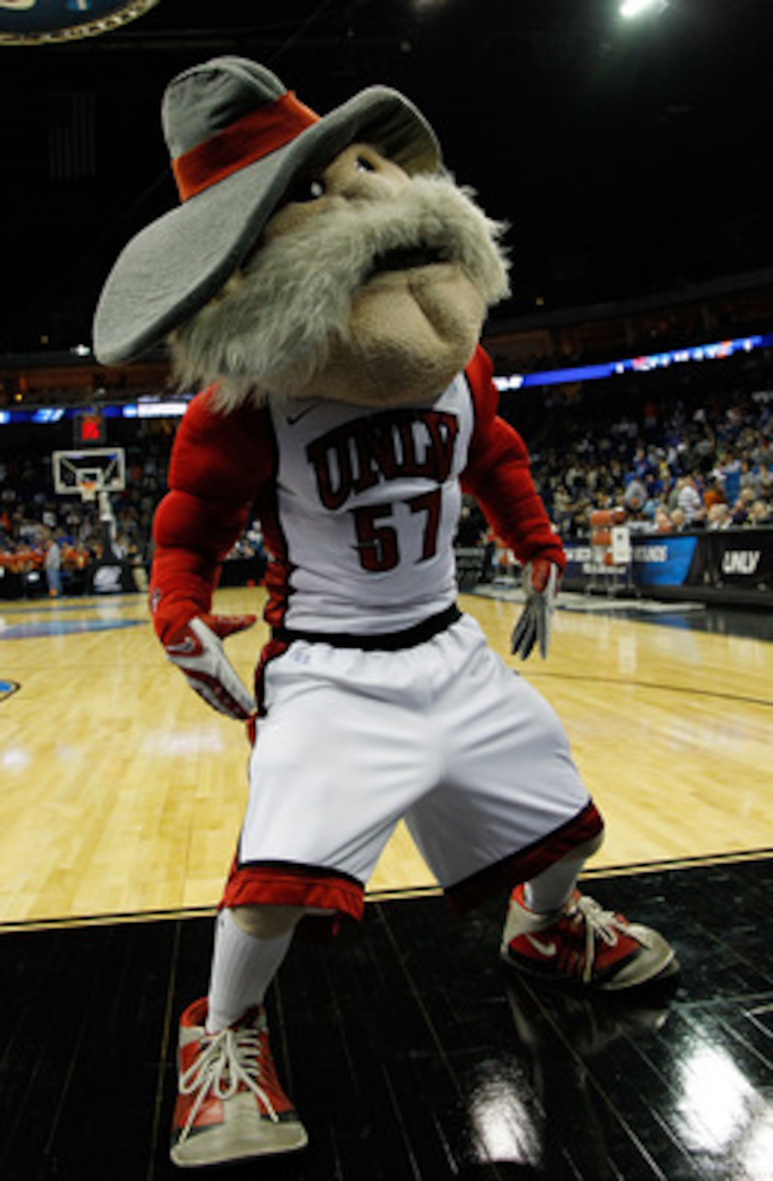 TULSA, OK - MARCH 18: The UNLV Rebels mascot performs during the second round game against the Illinois Fighting Illini in the 2011 NCAA men's basketball tournament at BOK Center on March 18, 2011 in Tulsa, Oklahoma. (Photo by Tom Pennington/Getty Image TULSA, OK - MARCH 18: The UNLV Rebels mascot performs during the second round game against the Illinois Fighting Illini in the 2011 NCAA men's basketball tournament at BOK Center on March 18, 2011 in Tulsa, Oklahoma. (Photo by Tom Pennington/Getty Image