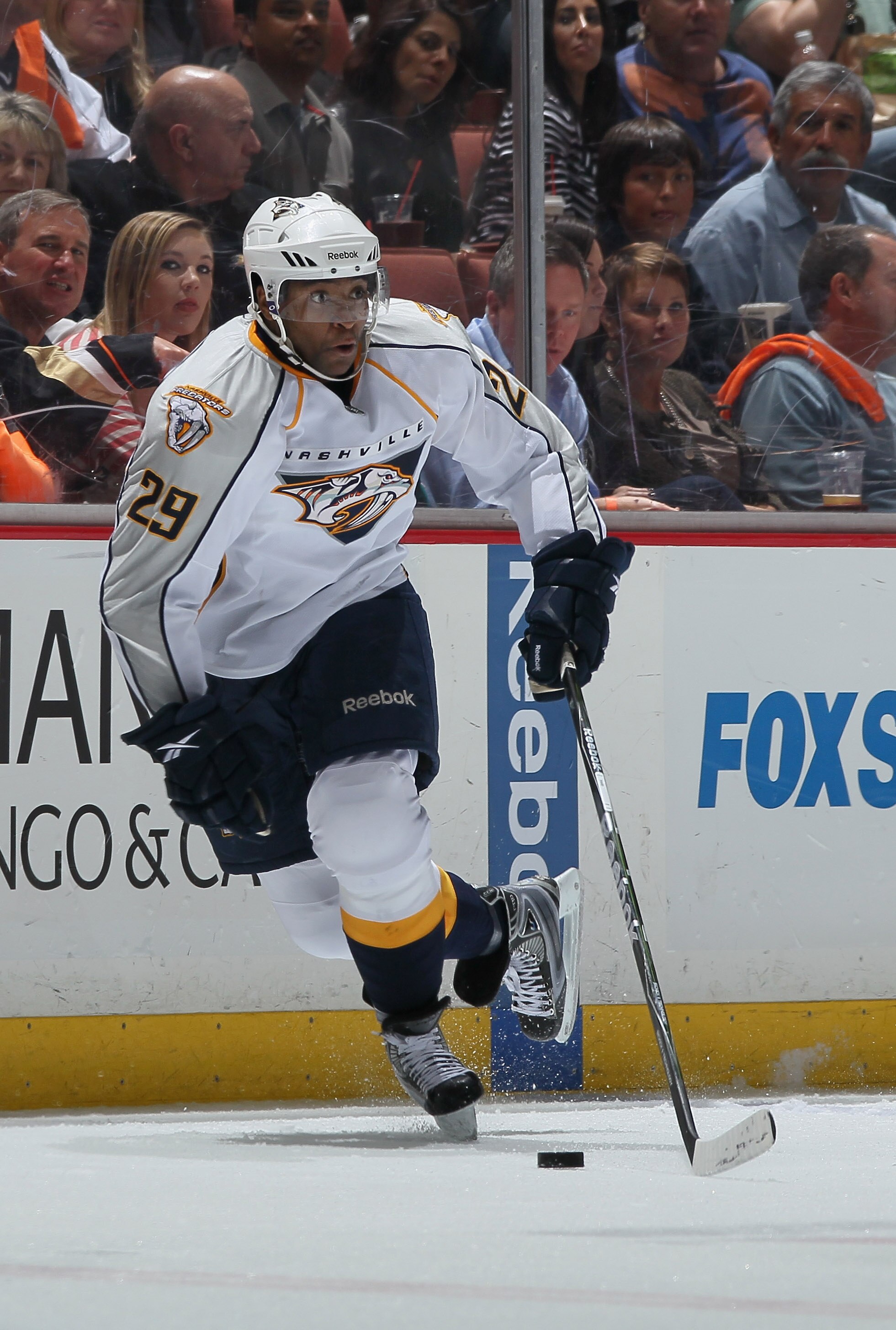 ANAHEIM, CA - APRIL 15:  Joel Ward #29 of the Nashville Predators skates against the Anaheim Ducks in Game Two of the Western Conference Quarterfinals during the 2011 NHL Stanley Cup Playoffs at Honda Center on April 15, 2011 in Anaheim, California.  (Pho