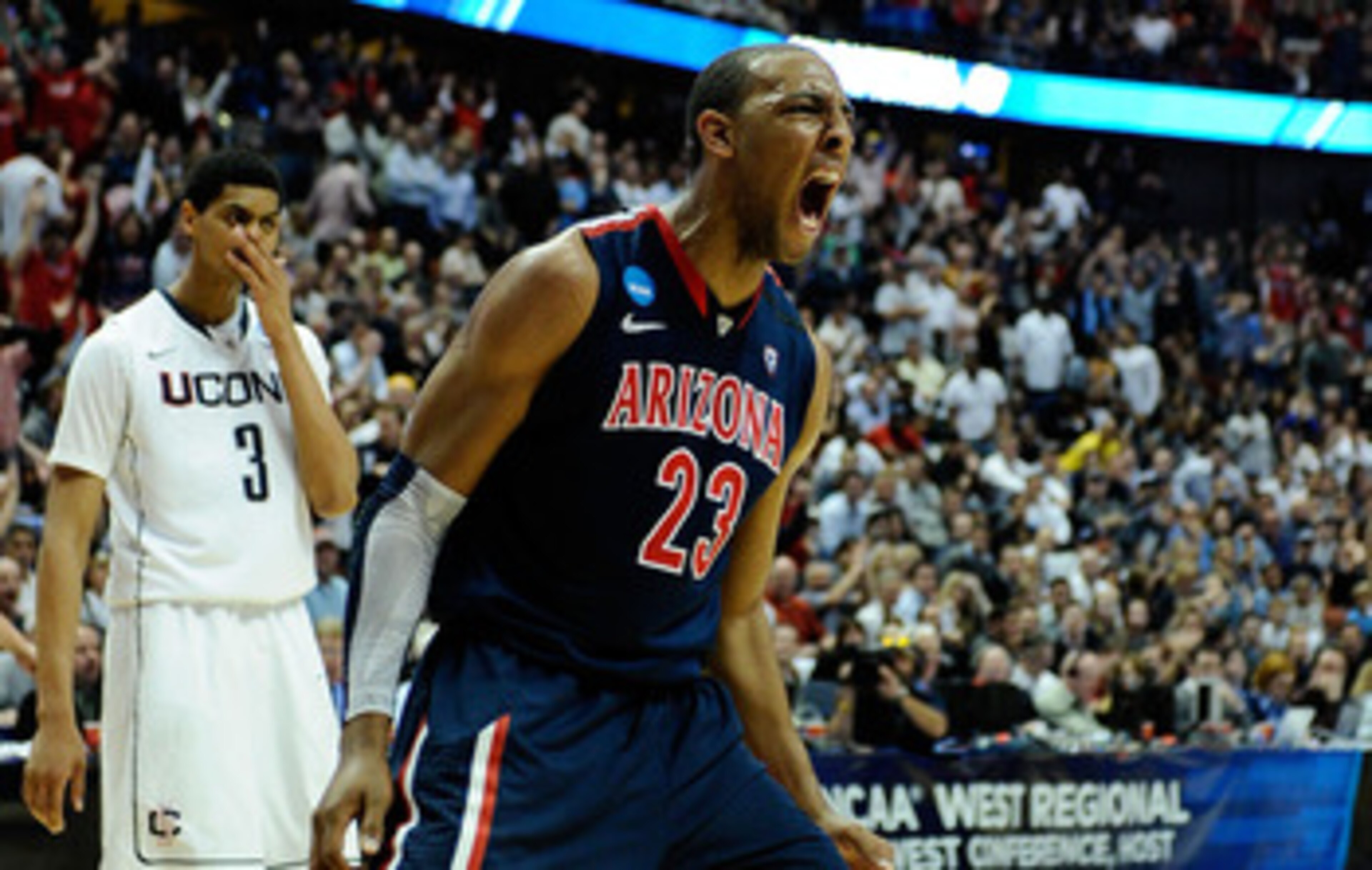 TULSA, OK - MARCH 18:  Derrick Williams #23 of the Arizona Wildcats reacts to a play against the Memphis Tigers during the second round of the 2011 NCAA men's basketball tournament at BOK Center on March 18, 2011 in Tulsa, Oklahoma.  (Photo by Tom Penning