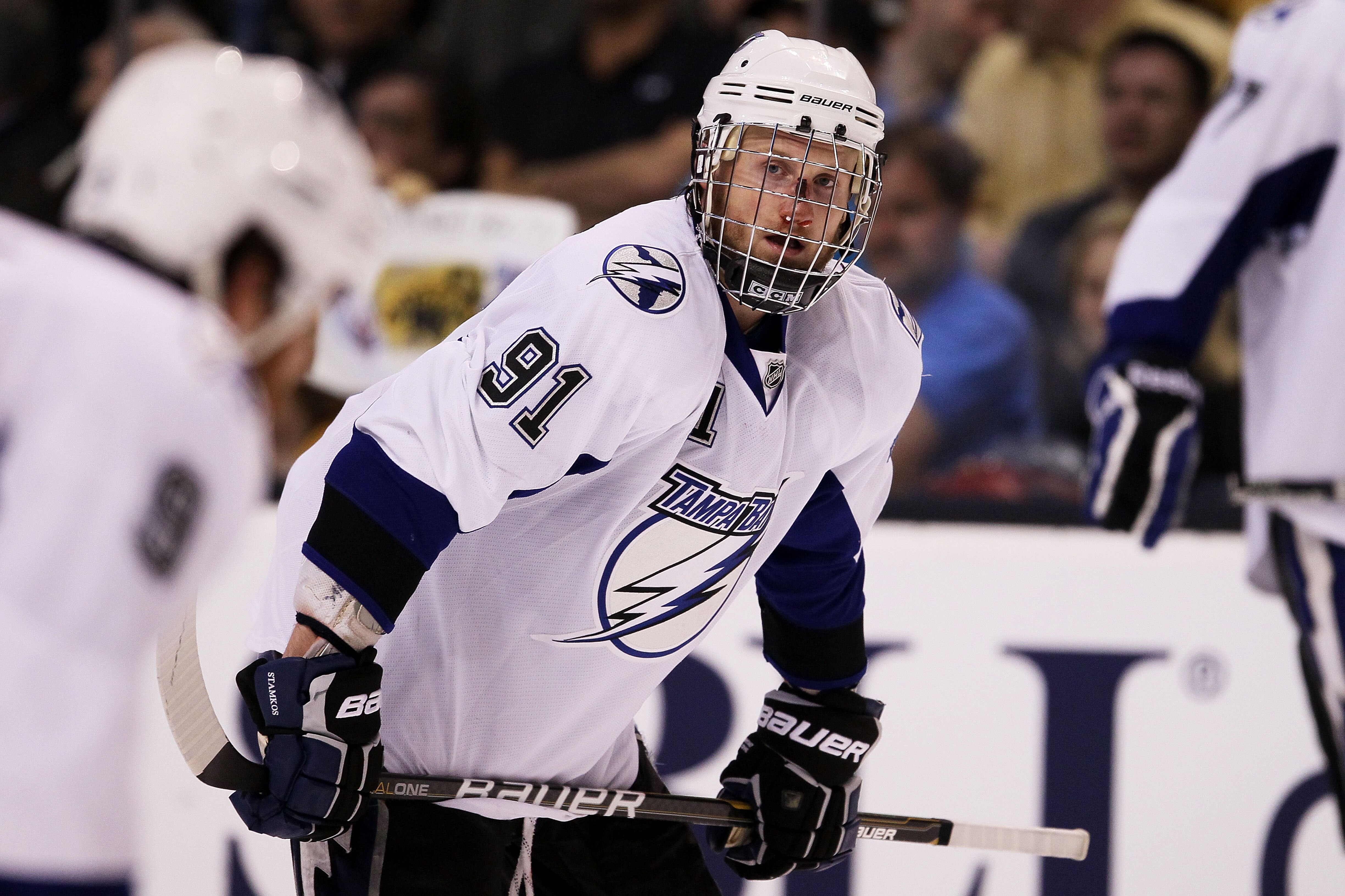 BOSTON, MA - MAY 27:  Steven Stamkos #91 of the Tampa Bay Lightning returns to the game after being hit in the face with a puck in Game Seven of the Eastern Conference Finals against the Boston Bruins during the 2011 NHL Stanley Cup Playoffs at TD Garden