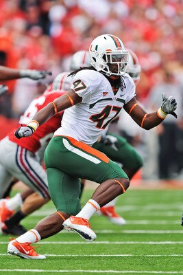 COLUMBUS, OH - SEPTEMBER 11:  LaRon Byrd #47 of the Miami Hurricanes chases down an Ohio State Buckeyes ballcarrier at Ohio Stadium on September 11, 2010 in Columbus, Ohio.  (Photo by Jamie Sabau/Getty Images)