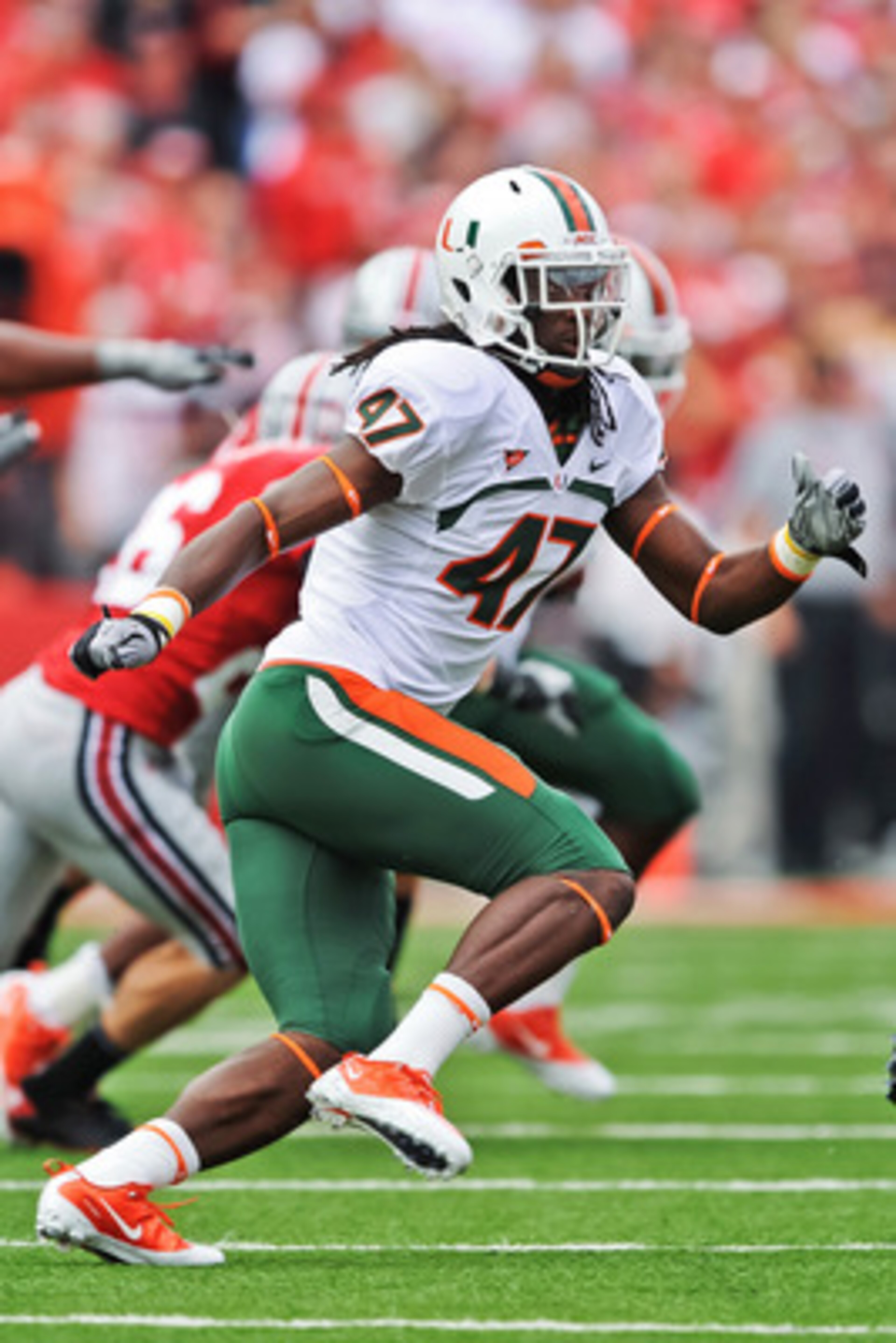 COLUMBUS, OH - SEPTEMBER 11:  LaRon Byrd #47 of the Miami Hurricanes chases down an Ohio State Buckeyes ballcarrier at Ohio Stadium on September 11, 2010 in Columbus, Ohio.  (Photo by Jamie Sabau/Getty Images)