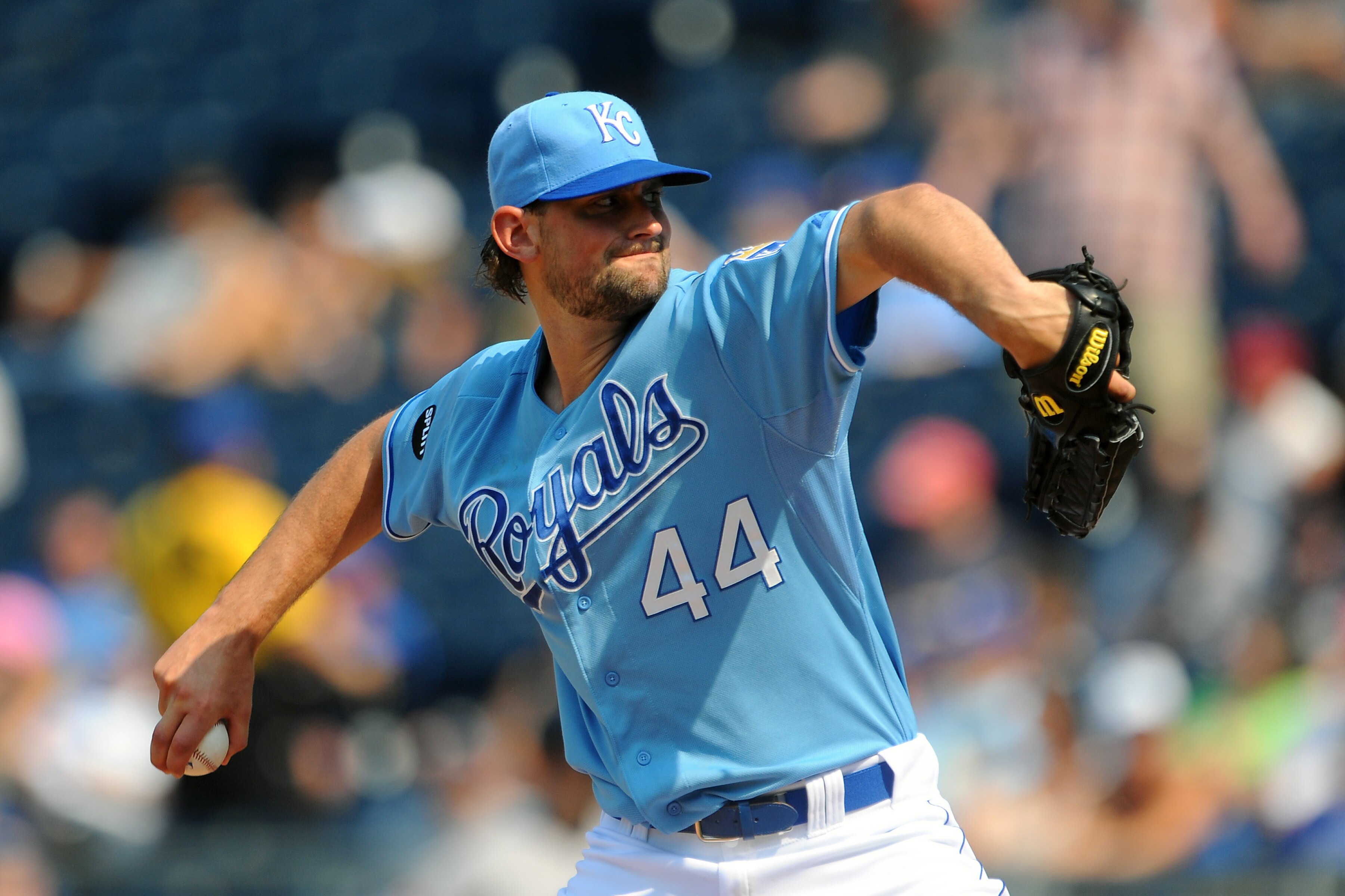 KANSAS CITY, MO - JUNE 9: Starting pitcher Luke Hochevar #44 of the Kansas City Royals pitches against the Toronto Blue Jays at Kauffman Stadium on June 9, 2011 in Kansas City, Missouri. (Photo by G. Newman Lowrance/Getty Images) KANSAS CITY, MO - JUNE 9: Starting pitcher Luke Hochevar #44 of the Kansas City Royals pitches against the Toronto Blue Jays at Kauffman Stadium on June 9, 2011 in Kansas City, Missouri. (Photo by G. Newman Lowrance/Getty Images)