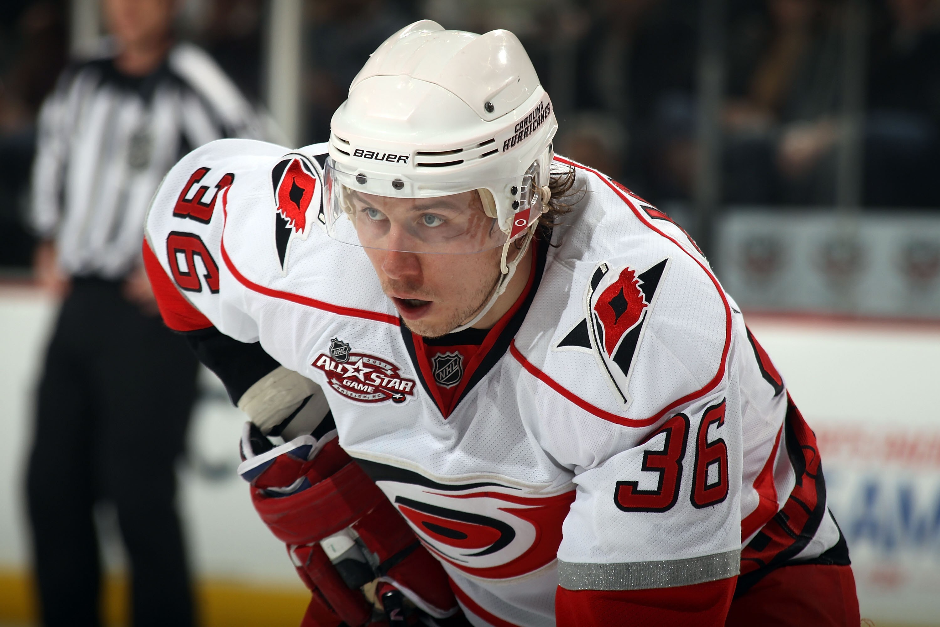 NEWARK, NJ - FEBRUARY 16:  Jussi Jokinen #36 of the Carolina Hurricanes skates against the New Jersey Devils at the Prudential Center on February 16, 2011 in Newark, New Jersey.  (Photo by Bruce Bennett/Getty Images)