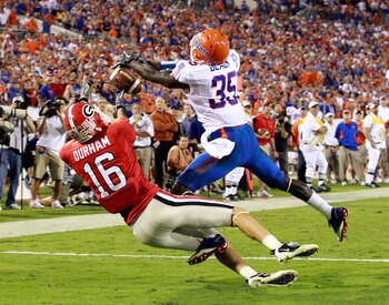 JACKSONVILLE, FL - OCTOBER 30:  Ahmad Black #35 of the Florida Gators breaks up a pass to Kris Durham #16 of the Georgia Bulldogsduring the game at EverBank Field on October 30, 2010 in Jacksonville, Florida.  (Photo by Sam Greenwood/Getty Images)