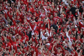 PASADENA, CA - JANUARY 01:  Fans of the Wisconsin Badgers cheers during the 97th Rose Bowl game against the TCU Horned Frogs on January 1, 2011 in Pasadena, California.  (Photo by Jeff Gross/Getty Images)