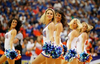 ATLANTA, GA - MARCH 13:  Florida Gators cheerleaders perform during their game against the Kentucky Wildcats in the championship game of the SEC Men's Basketball Tournament at Georgia Dome on March 13, 2011 in Atlanta, Georgia.  (Photo by Kevin C. Cox/Get