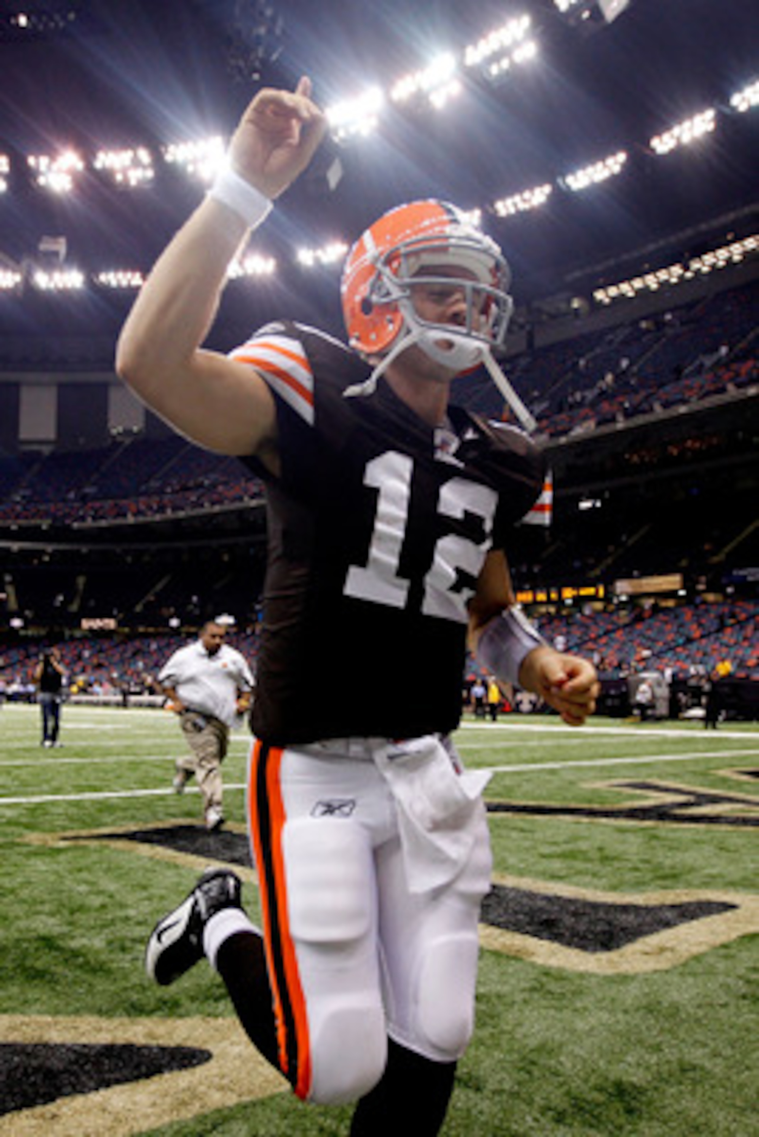 NEW ORLEANS - OCTOBER 24:  Quarterback Colt McCoy #12 of the Cleveland Browns clebrates after defeating the New Orleans Saints 30-17 at the Louisiana Superdome on October 24, 2010 in New Orleans, Louisiana.  (Photo by Chris Graythen/Getty Images)