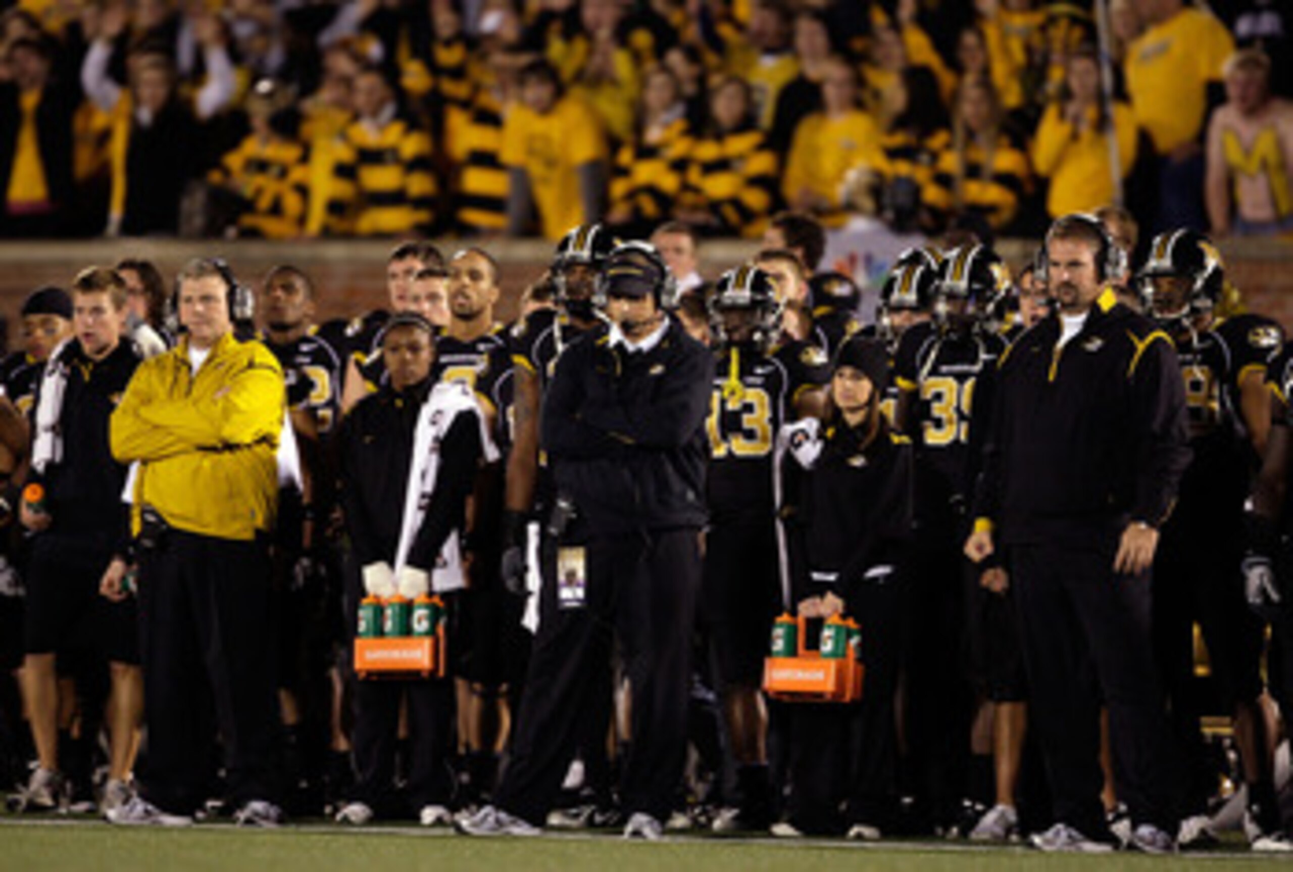 COLUMBIA, MO - OCTOBER 24: Head coach Gary Pinkel and the Missouri Tigers watch from the sidelines during the game against the Texas Longhorns on October 24, 2009 at Faurot Field/Memorial Stadium in Columbia, Missouri. (Photo by Jamie Squire/Getty Image COLUMBIA, MO - OCTOBER 24: Head coach Gary Pinkel and the Missouri Tigers watch from the sidelines during the game against the Texas Longhorns on October 24, 2009 at Faurot Field/Memorial Stadium in Columbia, Missouri. (Photo by Jamie Squire/Getty Image