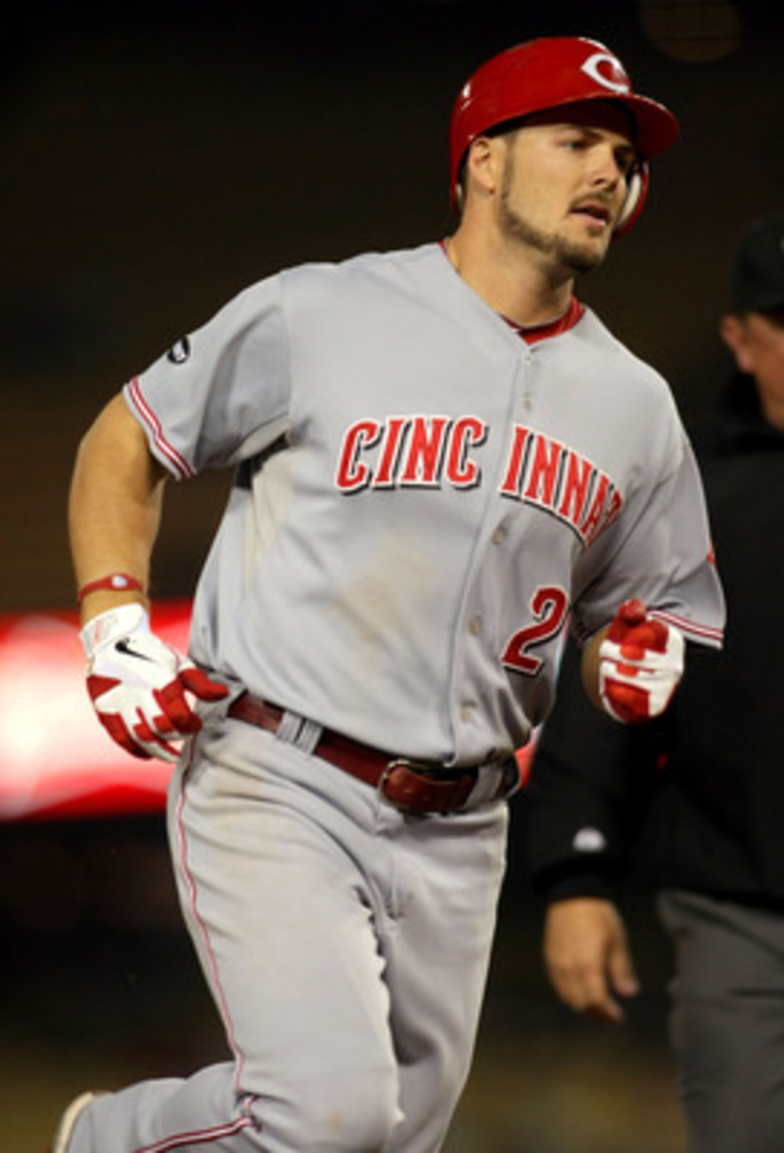 LOS ANGELES, CA - JUNE 13: Chris Heisey #28 of the Cincinnati Reds rounds third base after hitting a home run in the sixth inning against pitcher Hiroki Kuroda #18 of the Los Angeles Dodgers (not in photo) during the MLB game at Dodger Stadium on June 13 LOS ANGELES, CA - JUNE 13: Chris Heisey #28 of the Cincinnati Reds rounds third base after hitting a home run in the sixth inning against pitcher Hiroki Kuroda #18 of the Los Angeles Dodgers (not in photo) during the MLB game at Dodger Stadium on June 13