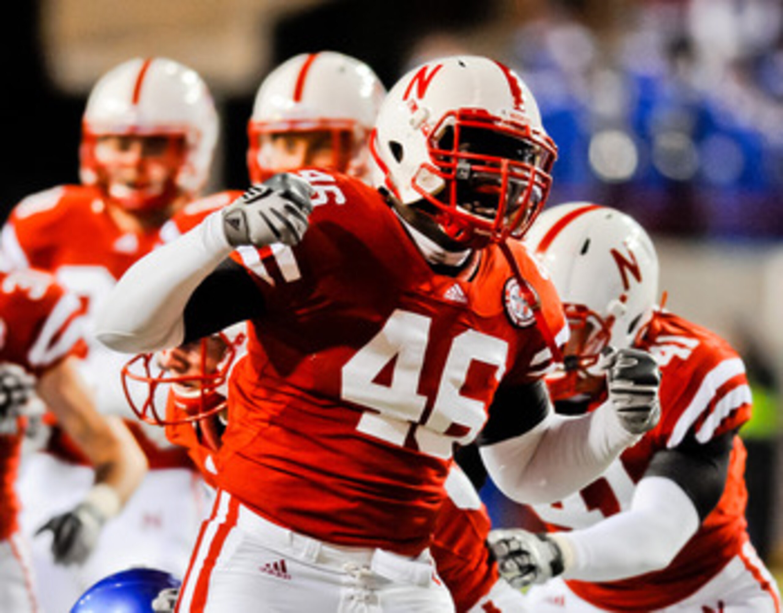 LINCOLN, NE - NOVEMBER 13: Eric Martin #46 of the Nebraska Cornhuskers celebrates a big hit during first half action of their game at Memorial Stadium on November 13, 2010 in Lincoln, Nebraska. (Photo by Eric Francis/Getty Images)