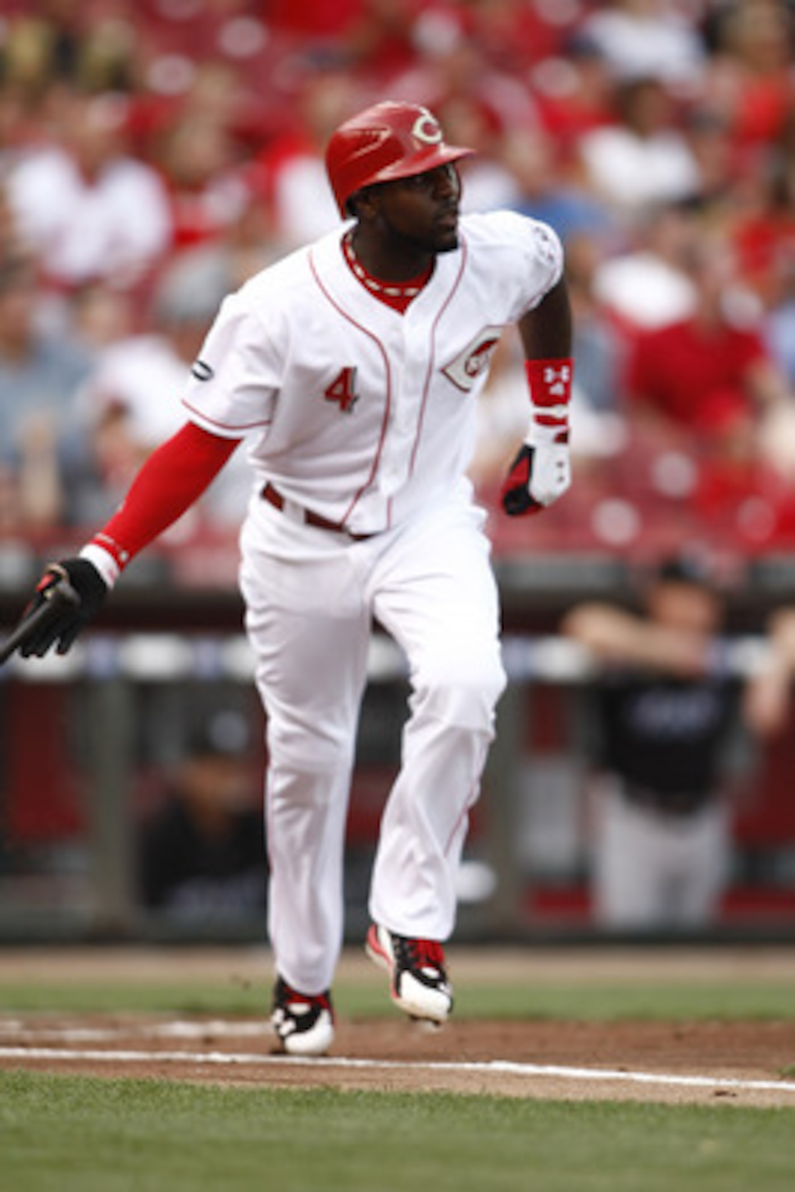 CINCINNATI, OH - JUNE 17: Brandon Phillips #4 of the Cincinnati Reds hits a double to right center field during against the Toronto Blue Jays on June 17, 2011 at Great American Ball Park in Cincinnati, Ohio. The Toronto Blue Jays defeated the Cincinnati CINCINNATI, OH - JUNE 17: Brandon Phillips #4 of the Cincinnati Reds hits a double to right center field during against the Toronto Blue Jays on June 17, 2011 at Great American Ball Park in Cincinnati, Ohio. The Toronto Blue Jays defeated the Cincinnati
