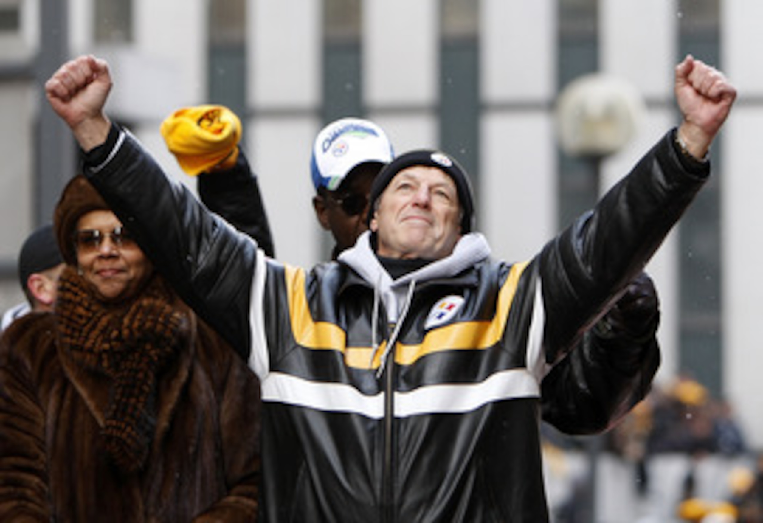 PITTSBURGH - FEBRUARY 03: Defensive Coordinator Dick LeBeau of the Pittsburgh Steelers pumps his fists during a parade to celebrate winning Super Bowl XLIII on February 3, 2009 in Pittsburgh, Pennsylvania.  (Photo by Gregory Shamus/Getty Images)