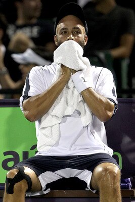 KEY BISCAYNE, FL - MARCH 27:  James Blake looks on durig the change over against Novak Djokovic of Serbia during the Sony Ericsson Open at Crandon Park Tennis Center on March 27, 2011 in Key Biscayne, Florida.  (Photo by Matthew Stockman/Getty Images)
