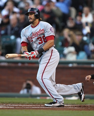 SAN FRANCISCO, CA - JUNE 07:  Michael Morse #38 of the Washington Nationals doubles against the San Francisco Giants during an MLB game at AT&T Park on June 7, 2011 in San Francisco, California.  (Photo by Jed Jacobsohn/Getty Images)
