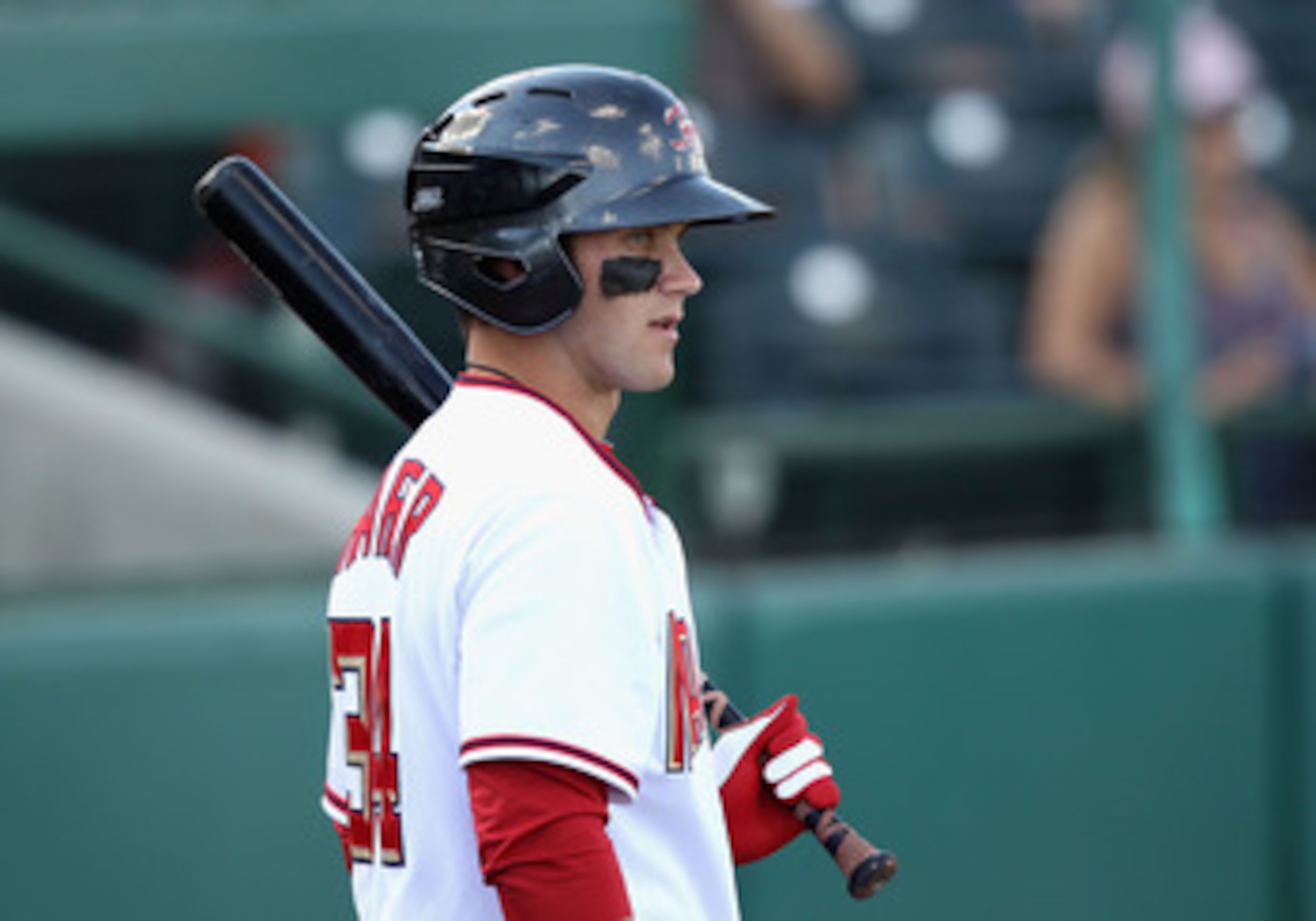SCOTTSDALE, AZ - OCTOBER 23:  Washington Nationals prospect Bryce Harper #34 playing for the Scottsdale Scorpions warms up on deck during the AZ Fall League game against the Phoenix Desert Dogs at Scottsdale Stadium on October 23, 2010 in Scottsdale, Ariz