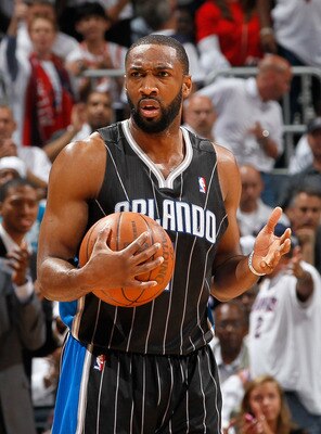 ATLANTA, GA - APRIL 28:  Gilbert Arenas #1 of the Orlando Magic against the Atlanta Hawks during Game Six of the Eastern Conference Quarterfinals in the 2011 NBA Playoffs at Philips Arena on April 28, 2011 in Atlanta, Georgia.  NOTE TO USER: User expressl