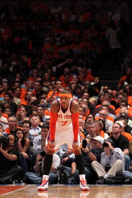 NEW YORK, NY - APRIL 24:  Carmelo Anthony #7 of the New York Knicks looks on against the Boston Celtics in Game Four of the Eastern Conference Quarterfinals during the 2011 NBA Playoffs on April 24, 2011 at Madison Square Garden in New York City. The Celt