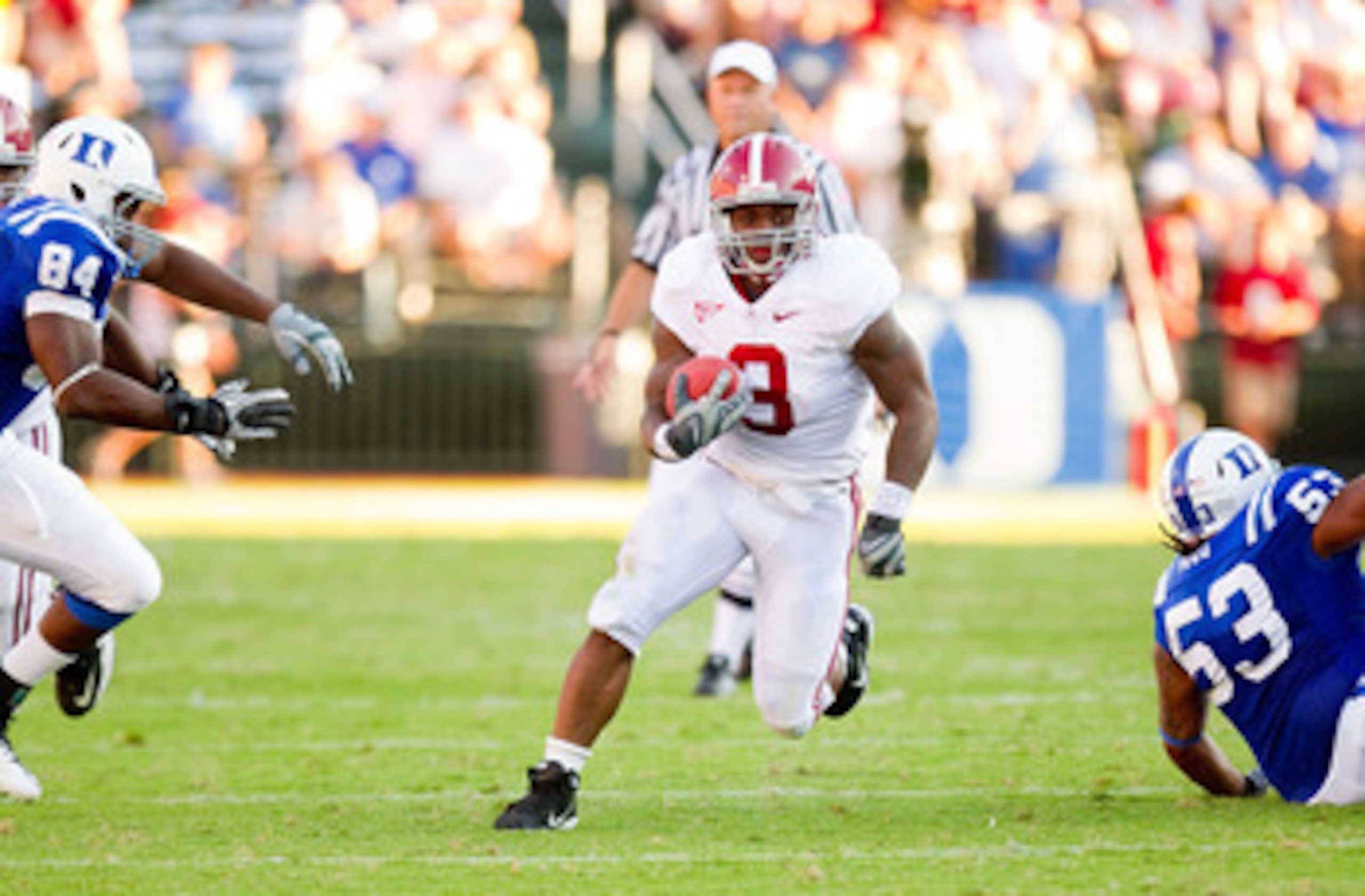 DURHAM, NC - SEPTEMBER 18: Trent Richardson #3 of the Alabama Crimson Tide runs through a huge hole for a 45-yard touchdown during third quarter action against the Duke Blue Devils at Wallace Wade Stadium on September 18, 2010 in Durham, North Carolina. DURHAM, NC - SEPTEMBER 18: Trent Richardson #3 of the Alabama Crimson Tide runs through a huge hole for a 45-yard touchdown during third quarter action against the Duke Blue Devils at Wallace Wade Stadium on September 18, 2010 in Durham, North Carolina.