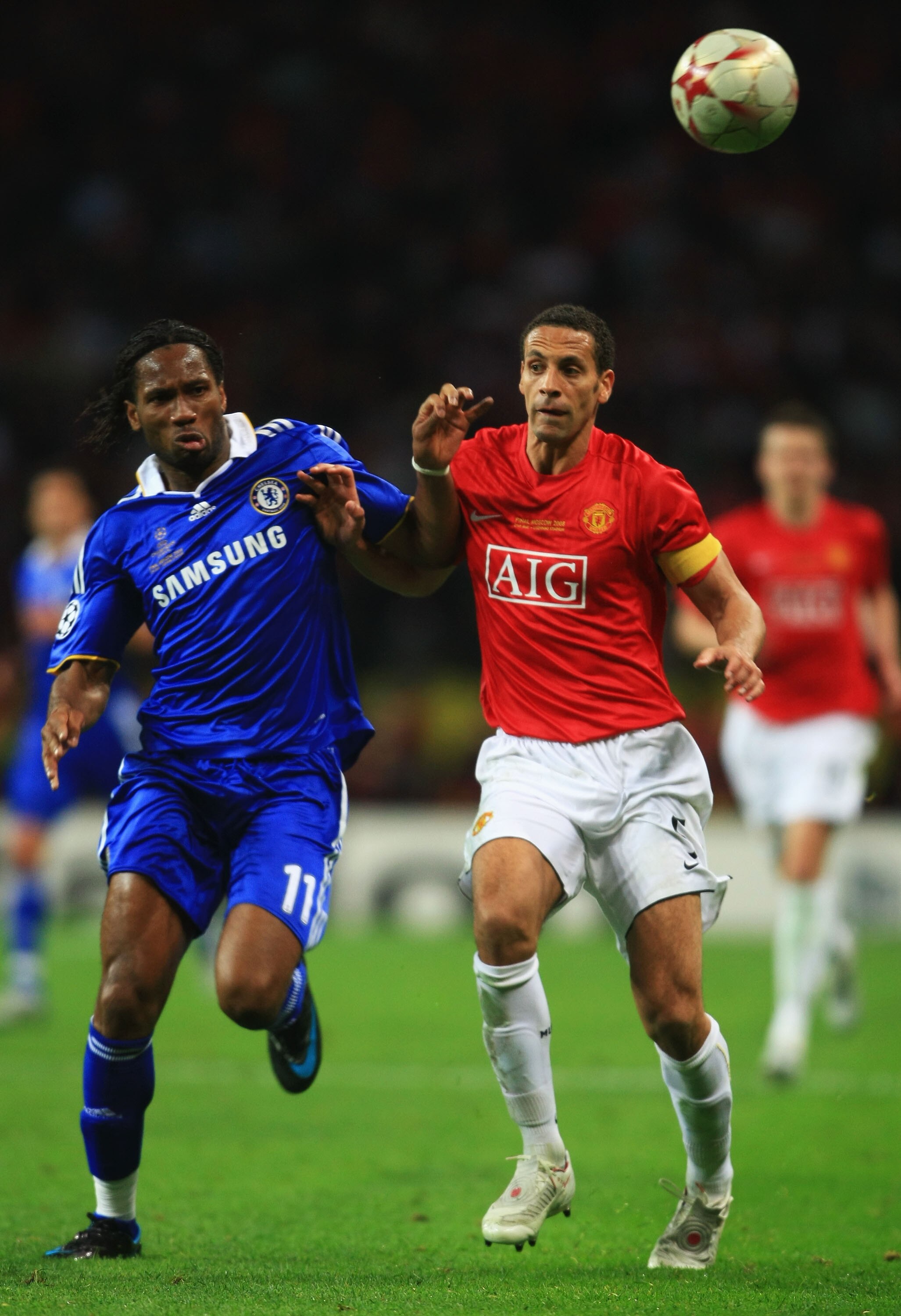 MOSCOW - MAY 21:  Didier Drogba of Chelsea and Rio Ferdinand of Manchester United compete for the ball during the UEFA Champions League Final match between Manchester United and Chelsea at the Luzhniki Stadium on May 21, 2008 in Moscow, Russia.  (Photo by