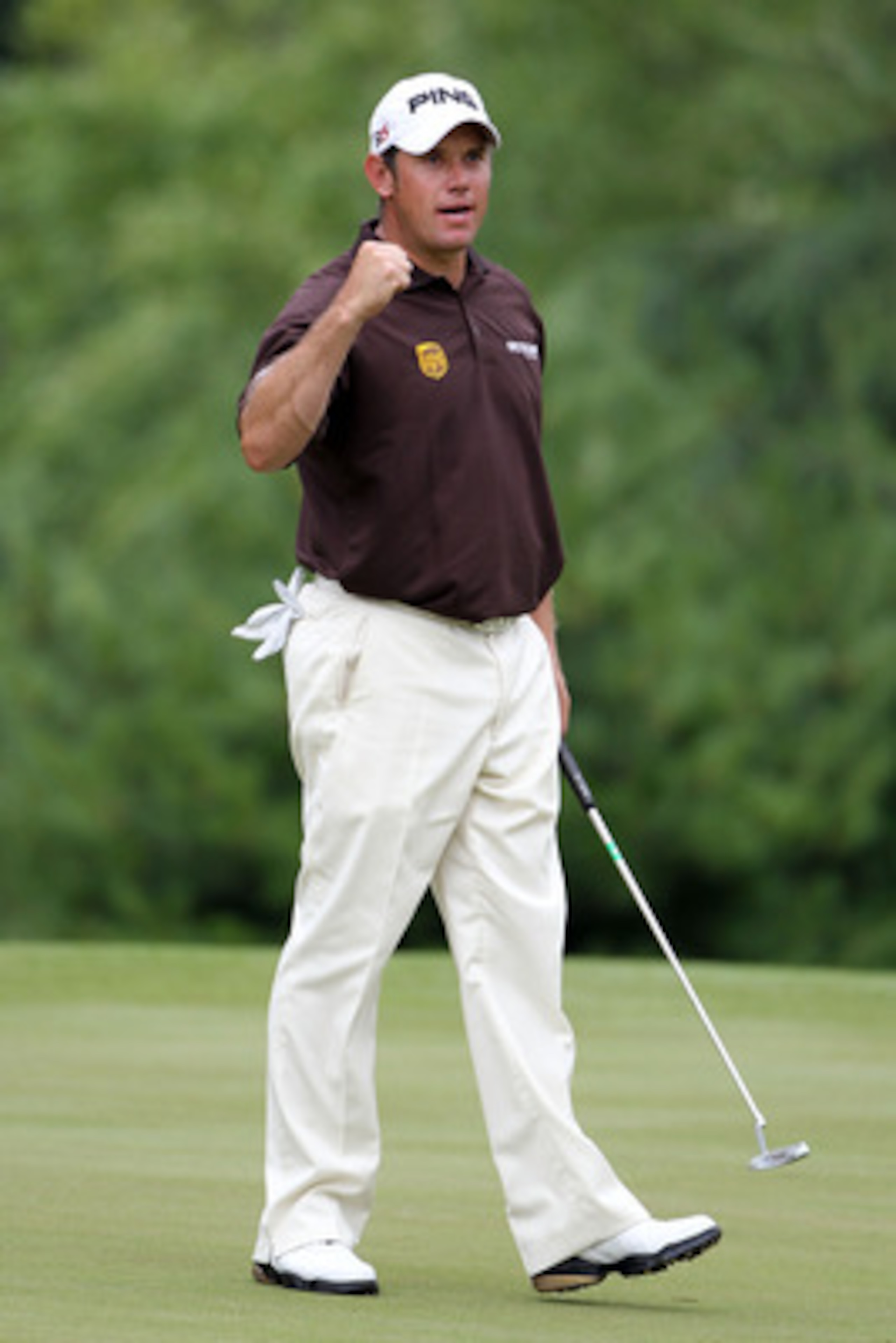 BETHESDA, MD - JUNE 18:  Lee Westwood of England celebrates making eagle on the 16th hole during the third round of the 111th U.S. Open at Congressional Country Club on June 18, 2011 in Bethesda, Maryland.  (Photo by Jamie Squire/Getty Images)