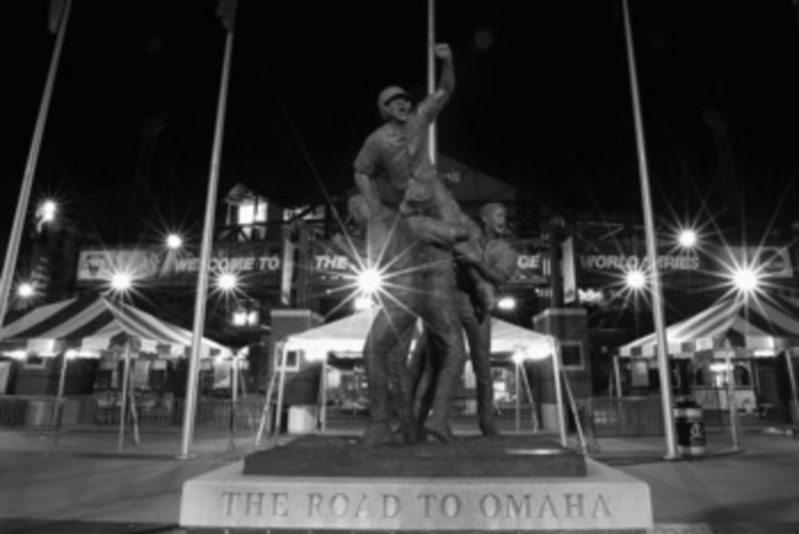 OMAHA, NE - JUNE 29: (EDITOR'S NOTE: THIS DIGITAL IMAGE HAS BEEN CONVERTED TO BLACK AND WHITE) General view of the 'Road to Omaha' Statue in front of the Rosenblatt Stadium following game 2 of the men's 2010 NCAA College Baseball World Series between the OMAHA, NE - JUNE 29: (EDITOR'S NOTE: THIS DIGITAL IMAGE HAS BEEN CONVERTED TO BLACK AND WHITE) General view of the 'Road to Omaha' Statue in front of the Rosenblatt Stadium following game 2 of the men's 2010 NCAA College Baseball World Series between the