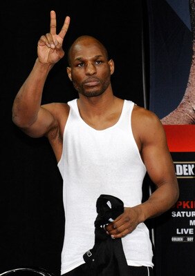 LAS VEGAS - APRIL 02:  Boxer Bernard Hopkins gestures during the official weigh-in for his bout against Roy Jones Jr. at the Mandalay Bay Events Center April 2, 2010 in Las Vegas, Nevada. The two will meet in a light heavyweight bout on April 3 in Las Veg