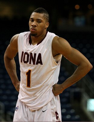 BRIDGEPORT, CT - MARCH 07:  Michael Glover #1 of the Iona Gaels looks on dejected late in the second half against the St. Peter's Peacocks during the final of the MAAC men's conference basketball tournment at Webster Bank Arena at Harbor Yard on March 7,