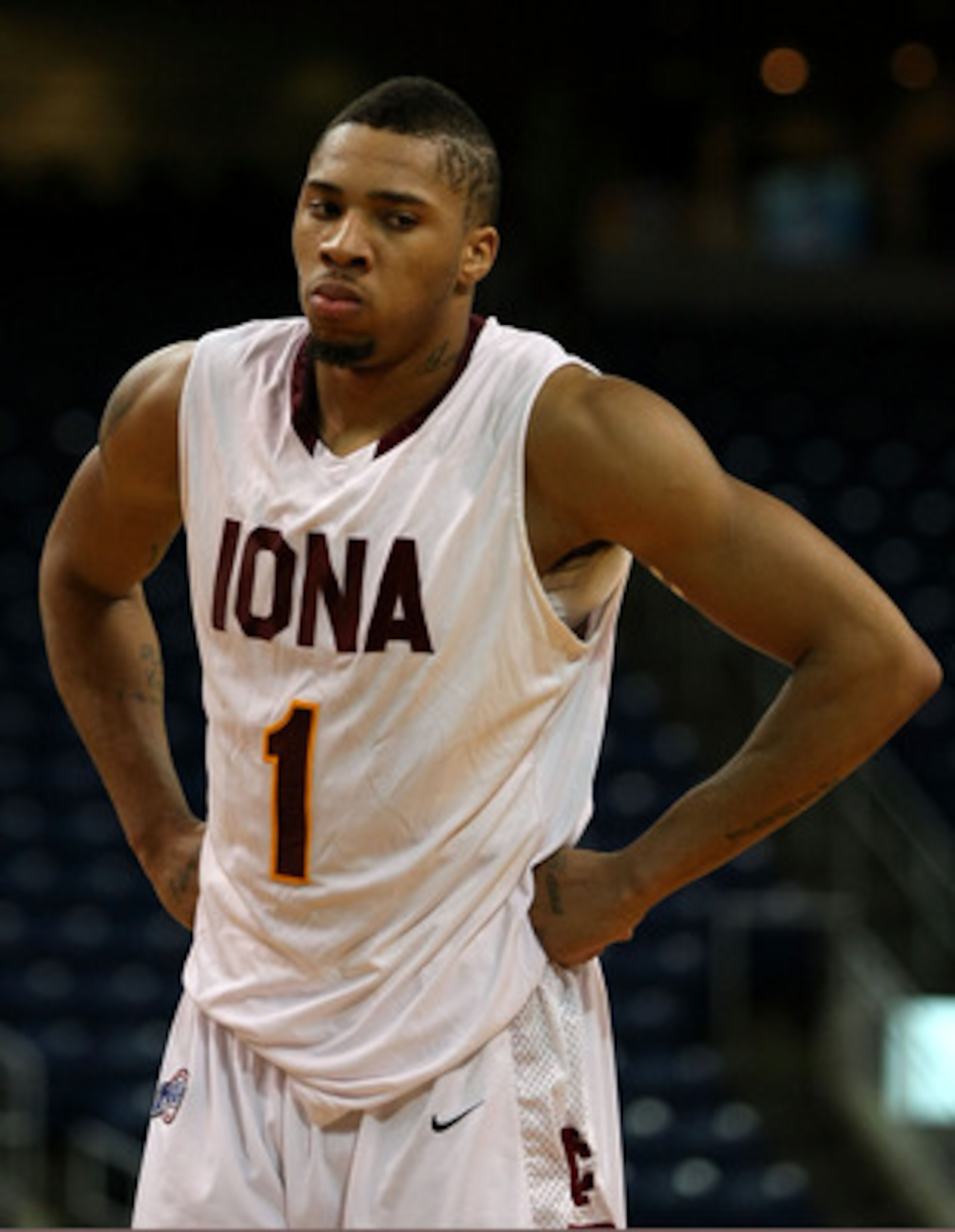 BRIDGEPORT, CT - MARCH 07:  Michael Glover #1 of the Iona Gaels looks on dejected late in the second half against the St. Peter's Peacocks during the final of the MAAC men's conference basketball tournment at Webster Bank Arena at Harbor Yard on March 7,