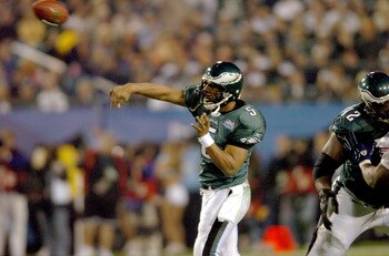 Philadelphia Eagle's Donovan McNabb looks to throw the ball during Super Bowl XXXIX between the Eagles and the New England Patriots at Alltel Stadium in Jacksonville, Florida on February 6, 2005. (Photo by Steve Grayson/Getty Images)