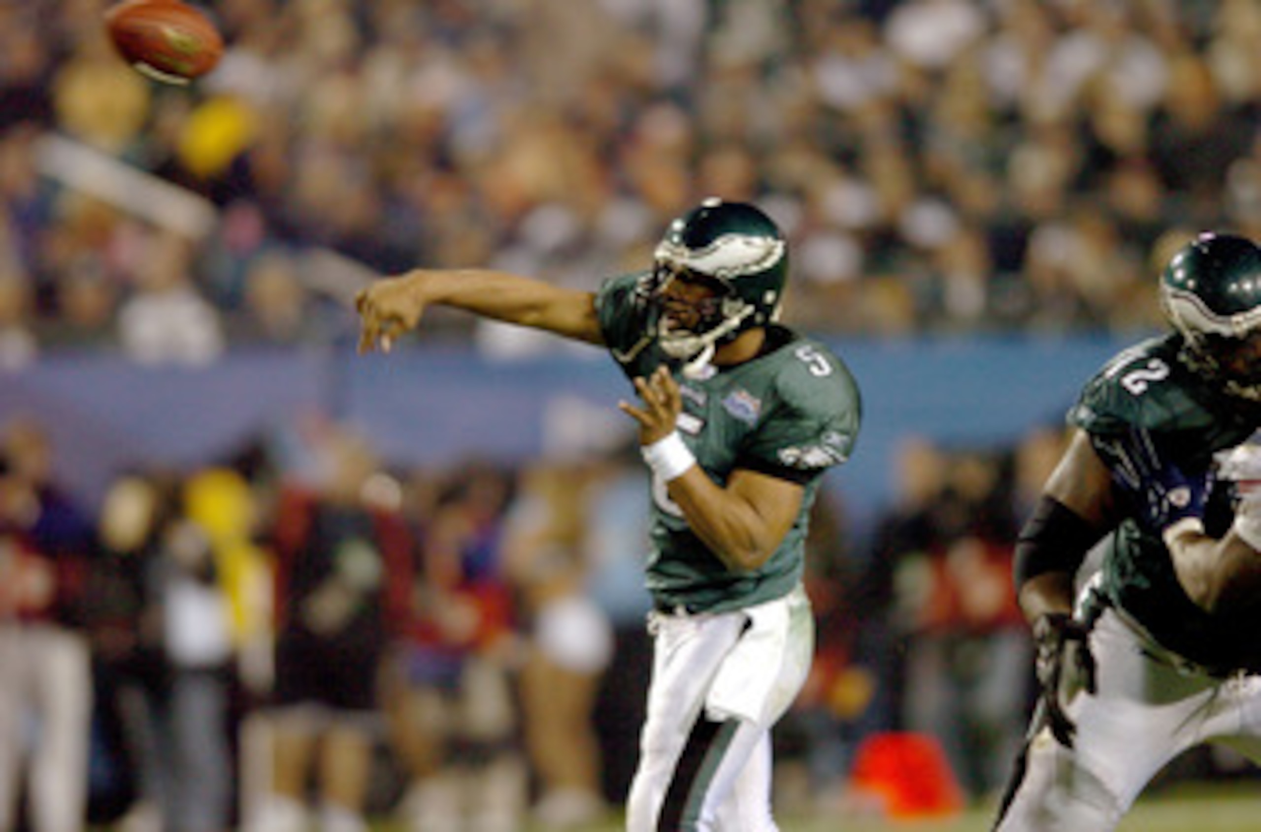 Philadelphia Eagle's Donovan McNabb looks to throw the ball during Super Bowl XXXIX between the Eagles and the New England Patriots at Alltel Stadium in Jacksonville, Florida on February 6, 2005. (Photo by Steve Grayson/Getty Images)