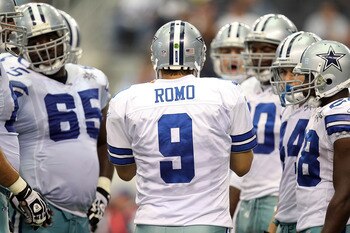 ARLINGTON, TX - SEPTEMBER 19:  Quarterback Tony Romo #9 of the Dallas Cowboys at Cowboys Stadium on September 19, 2010 in Arlington, Texas.  (Photo by Ronald Martinez/Getty Images)