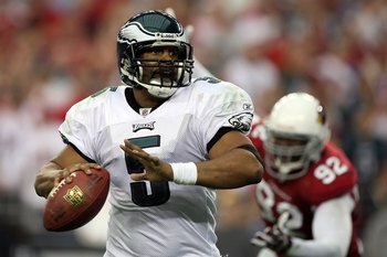 GLENDALE, AZ - JANUARY 18:  Quarterback Donovan McNabb #5 of the Philadelphia Eagles looks to throw the ball during the NFC championship game against the Arizona Cardinals on January 18, 2009 at University of Phoenix Stadium in Glendale, Arizona.  (Photo 