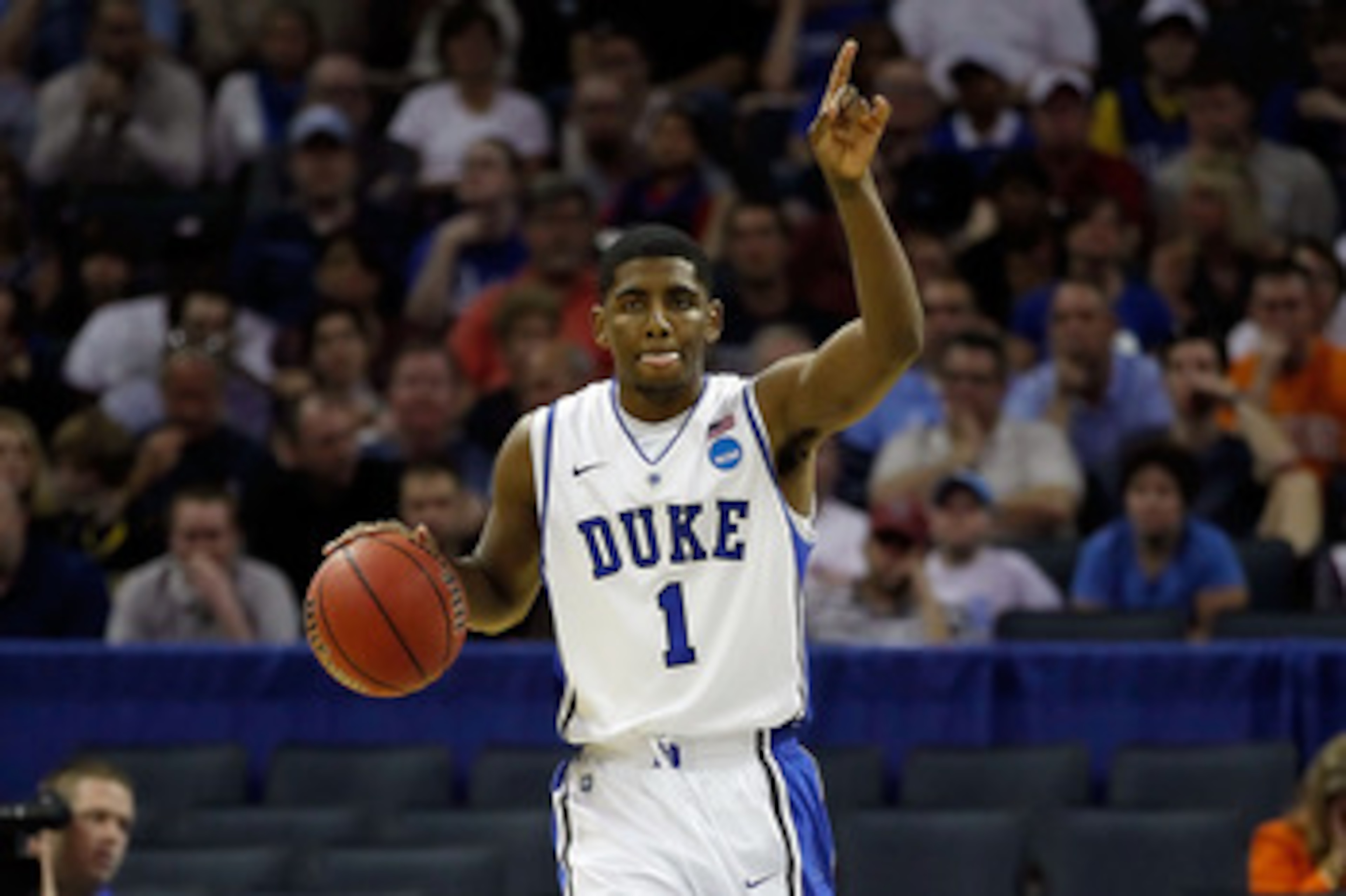 CHARLOTTE, NC - MARCH 18:  Kyrie Irving #1 of the Duke Blue Devils calls a play in the first half while taking on the Hampton Pirates during the second round of the 2011 NCAA men's basketball tournament at Time Warner Cable Arena on March 18, 2011 in Char