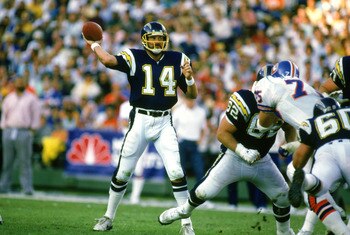 SAN DIEGO -1986: Dan Fouts #14 of the San Diego Chargers passes during a 1986 NFL season game at Jack Murphy Stadium in San Diego, California. ( Photo by: Stephen Dunn/Getty Images)