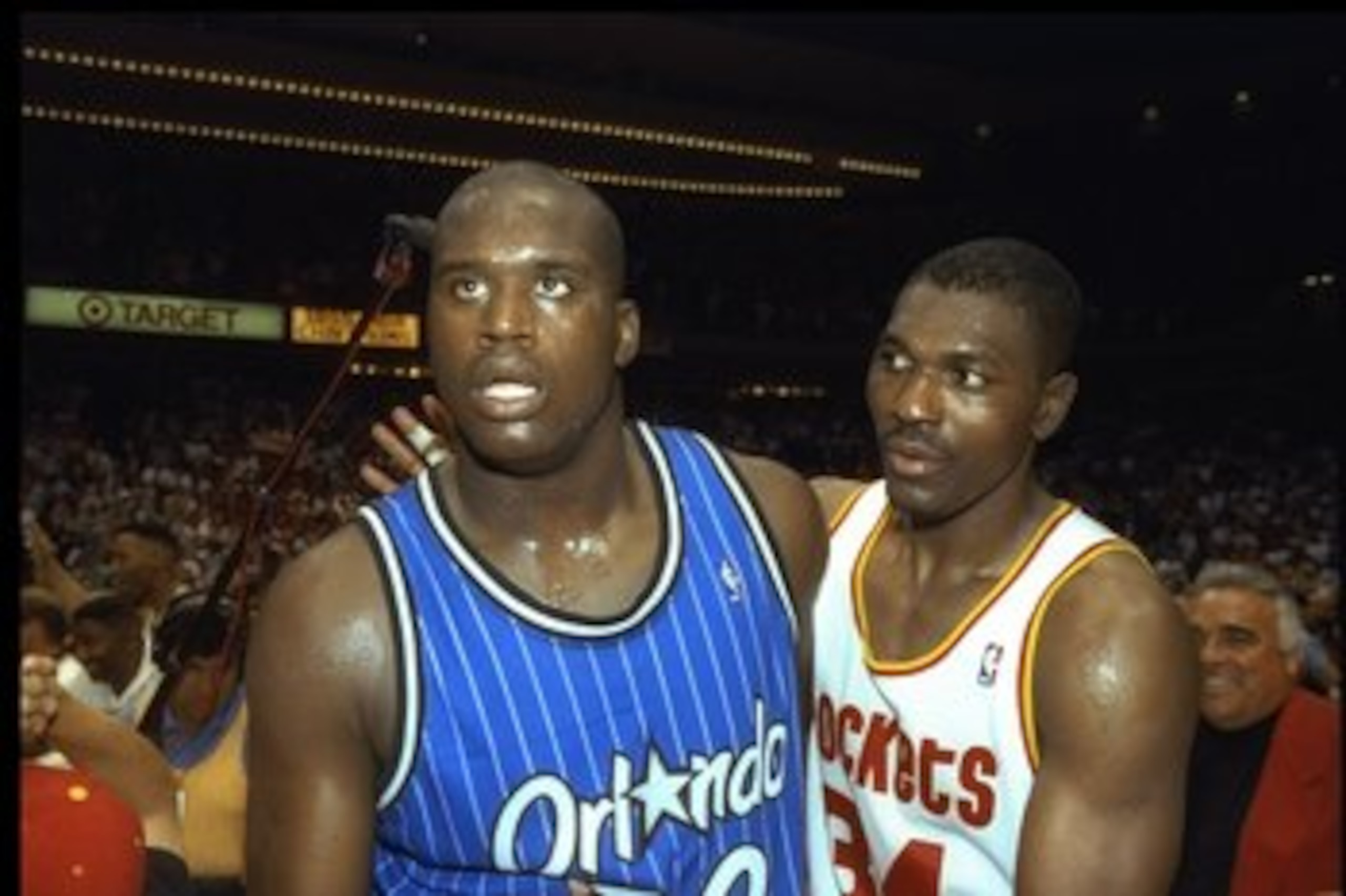 14 Jun 1995:  Center Shaquille O''Neal of the Orlando Magic (left) and Houston Rockets forward Hakeem Olajuwon look on after Game Four of the NBA Finals at the Summit in Houston, Texas.  The Rockets won the game, 113-101. Mandatory Credit: Allsport  /Alls